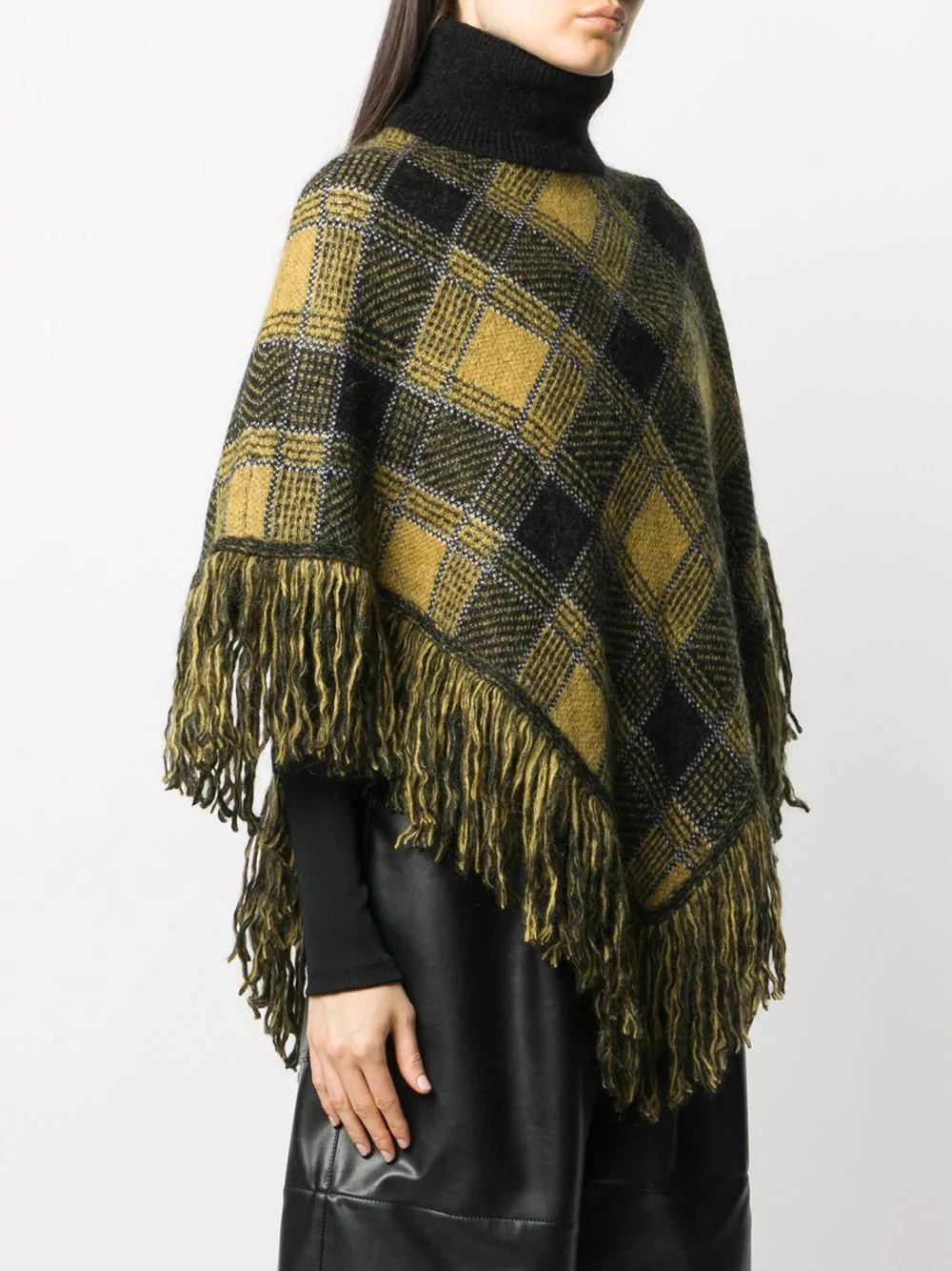 check-print frayed poncho - 3