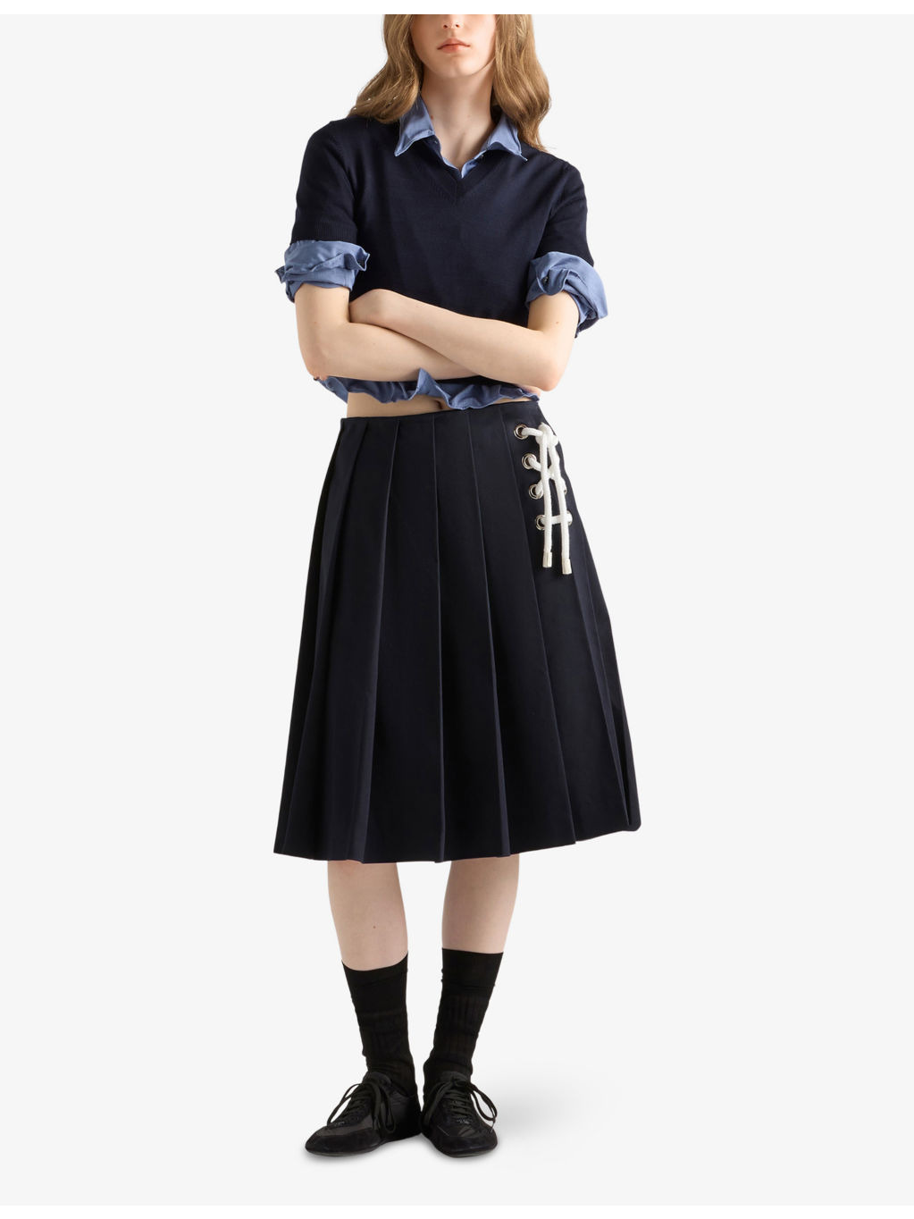 Pleated Lace-Up Stretch-Cotton Midi Skirt - 2