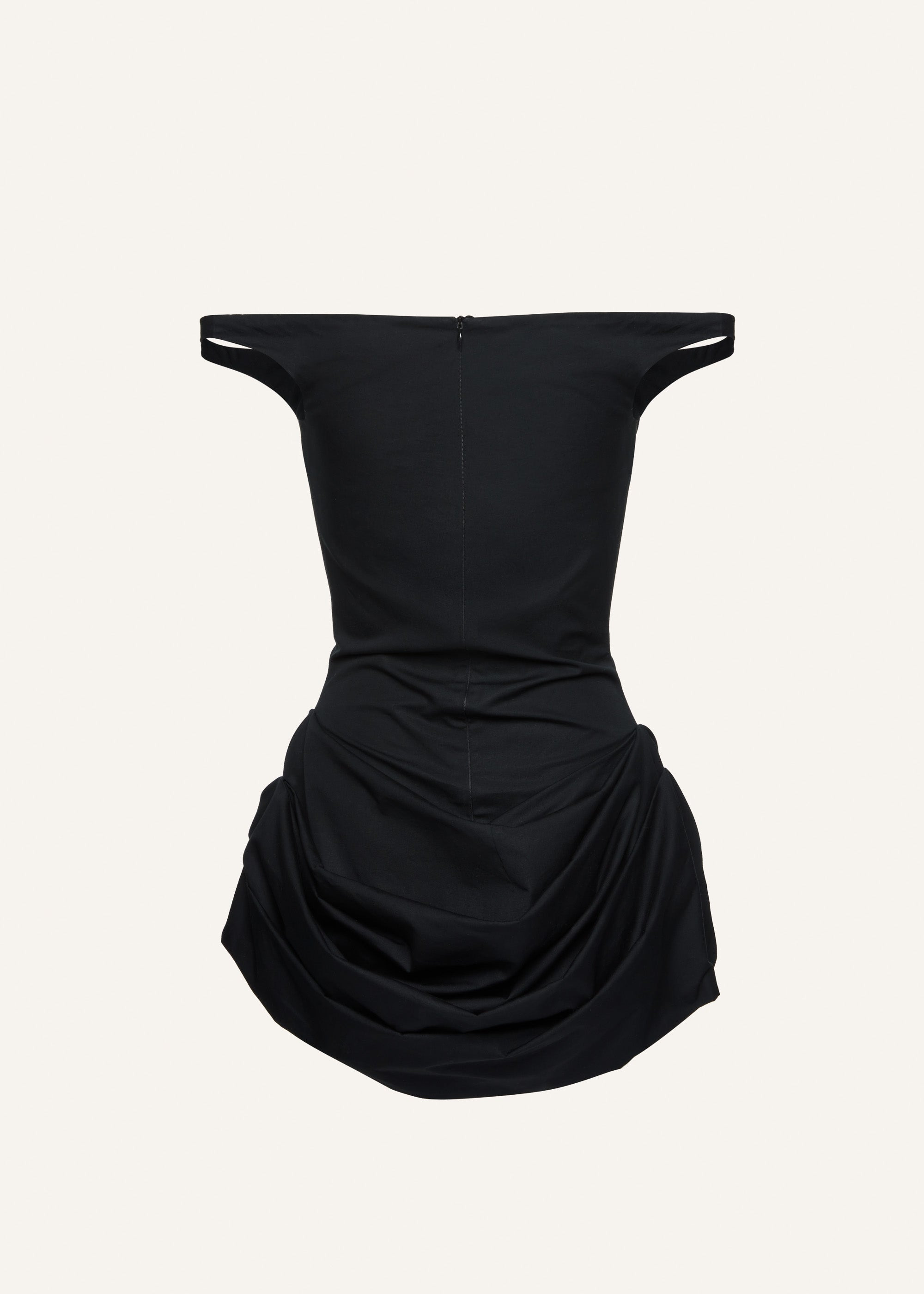 Off shoulder draped cotton mini dress in black - 2