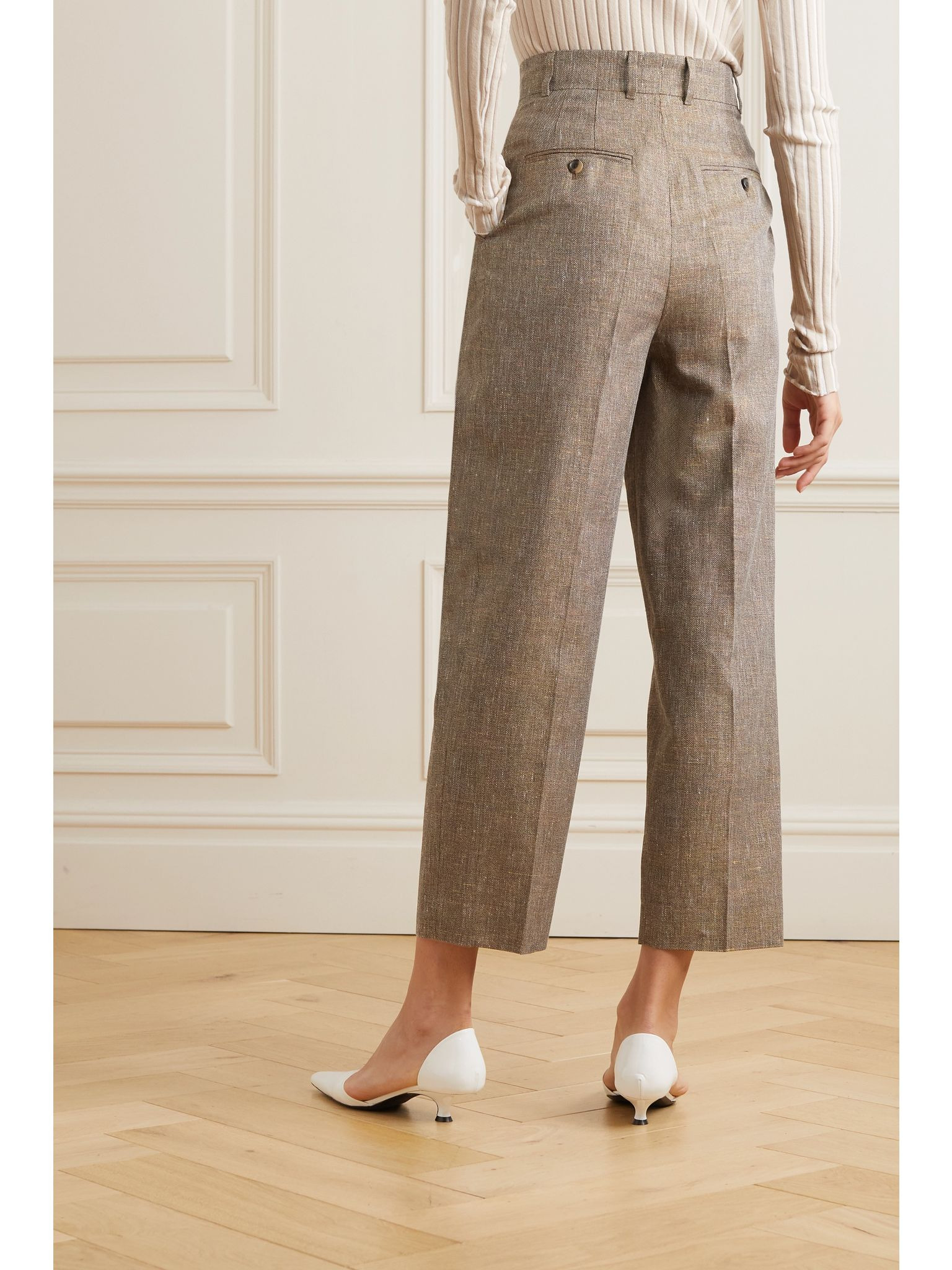 Wybie cropped pleated linen-blend wide-leg pants Brown - 4