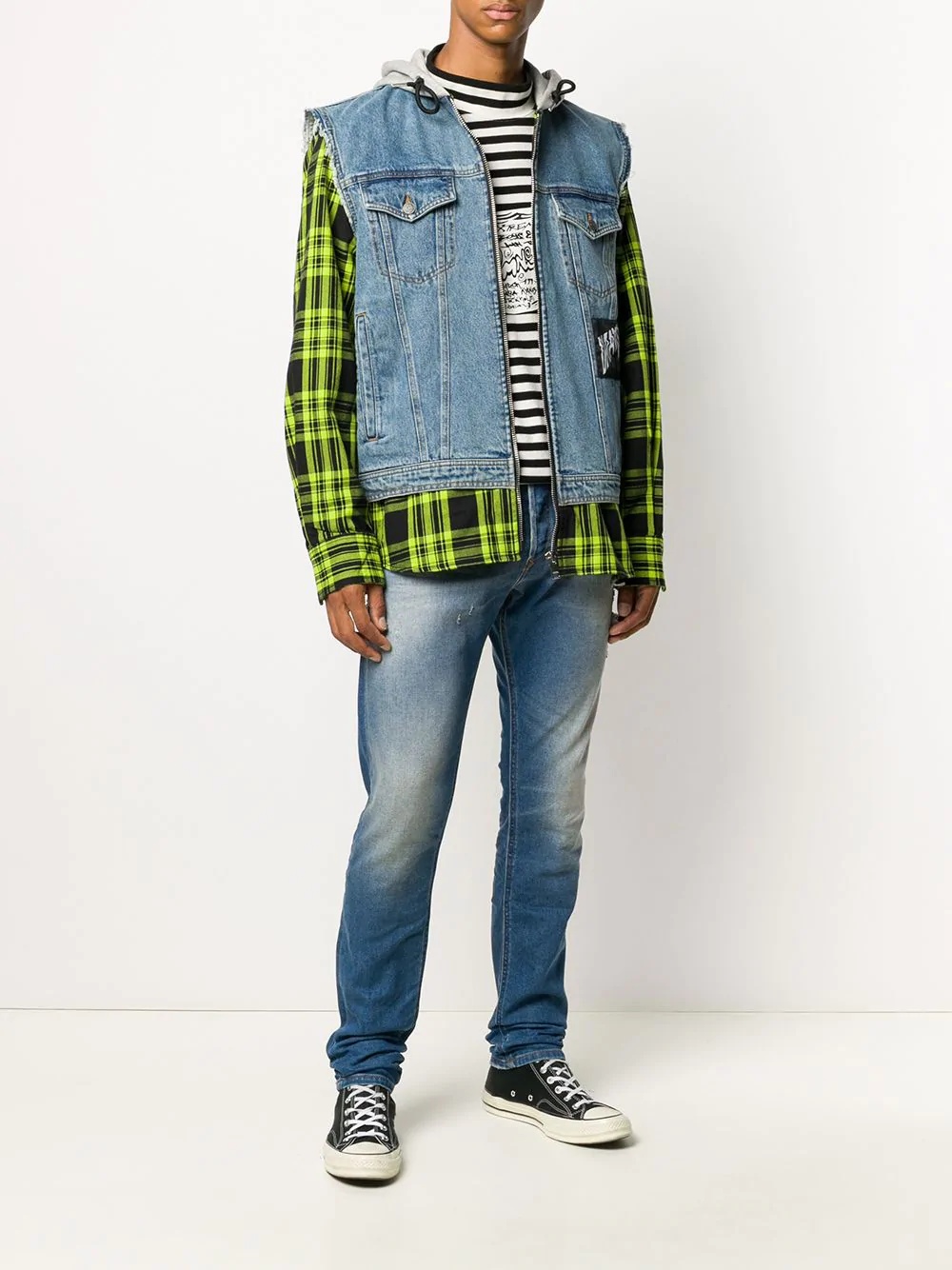 hooded overshirt layered denim jacket - 2