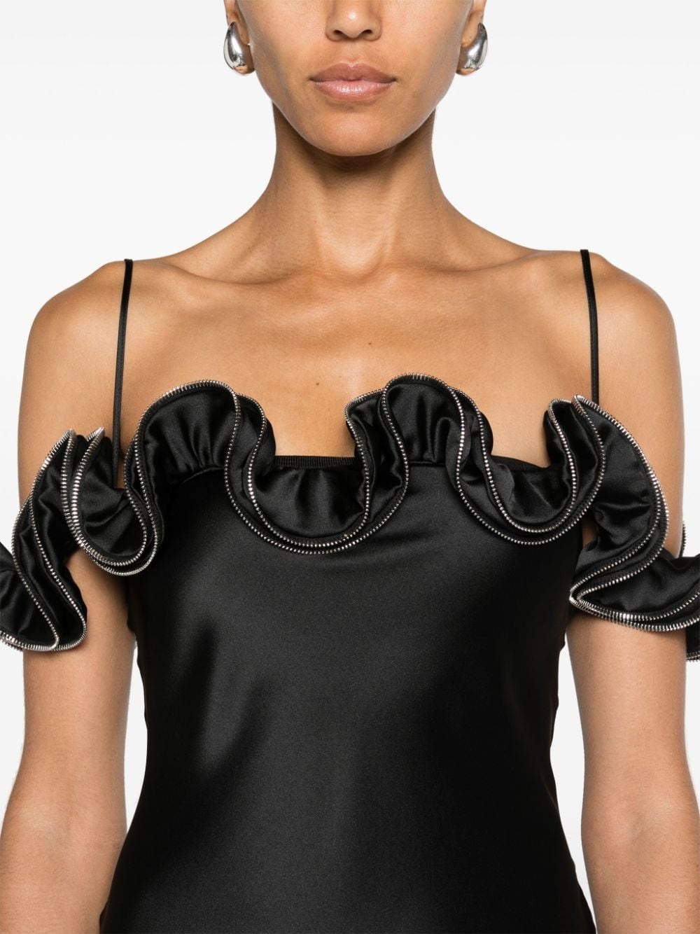 zipped-ruffles satin dress - 5
