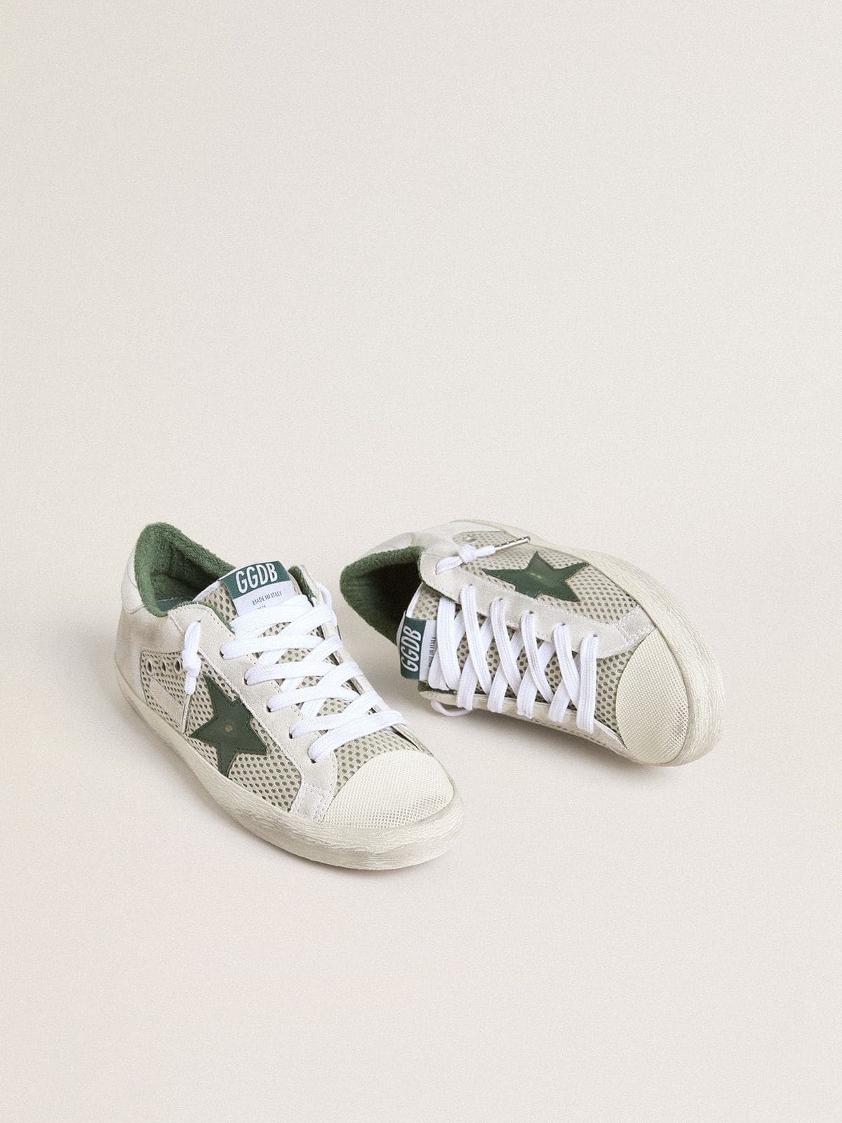 Women’s Super-Star in white suede and mesh with green leather star and silver foiled leather heel ta - 2