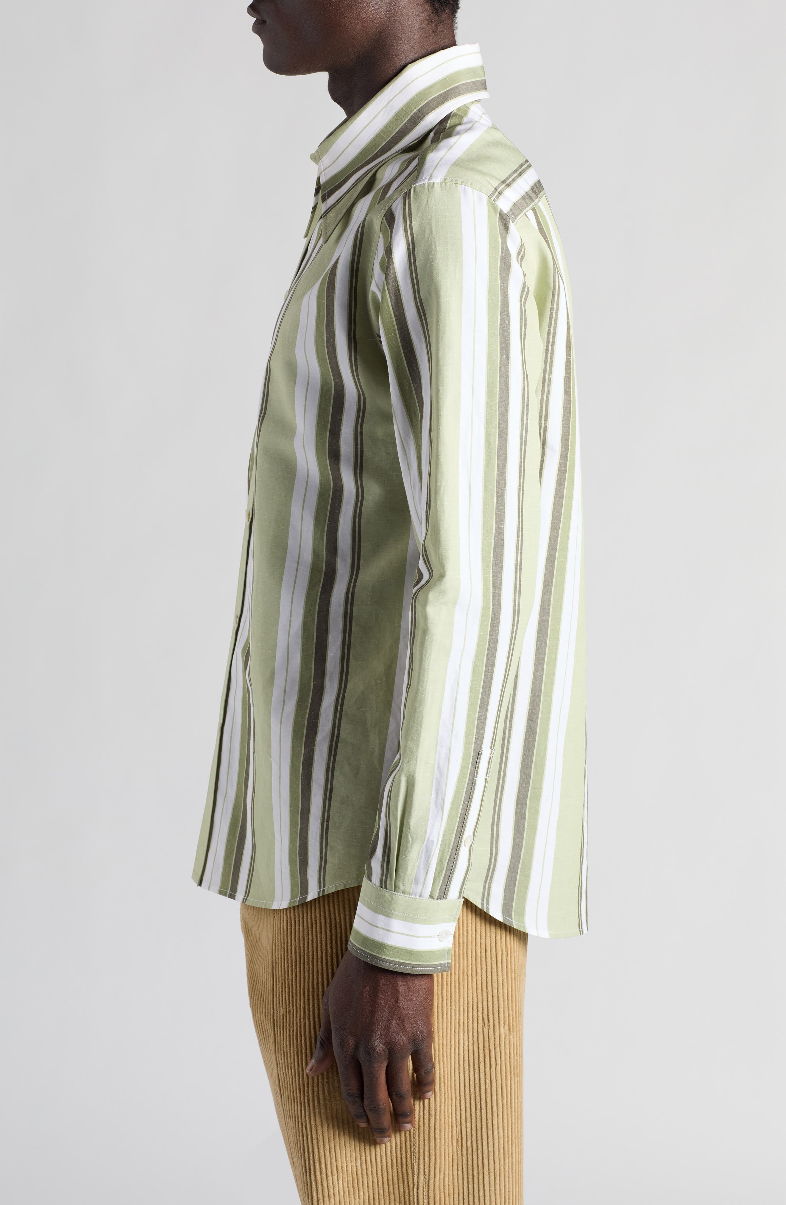 Bottega Veneta Stripe Cotton & Linen Button-Up Shirt in Pale Green/White at Nordstrom - 4