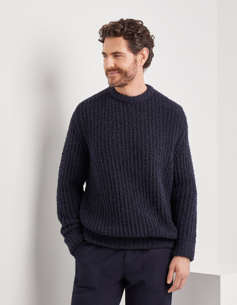 NAVY CREW NECK WITH HAMMER-STYLE SHOULDER IN WOOL AND SILK BOUCLÉ 3