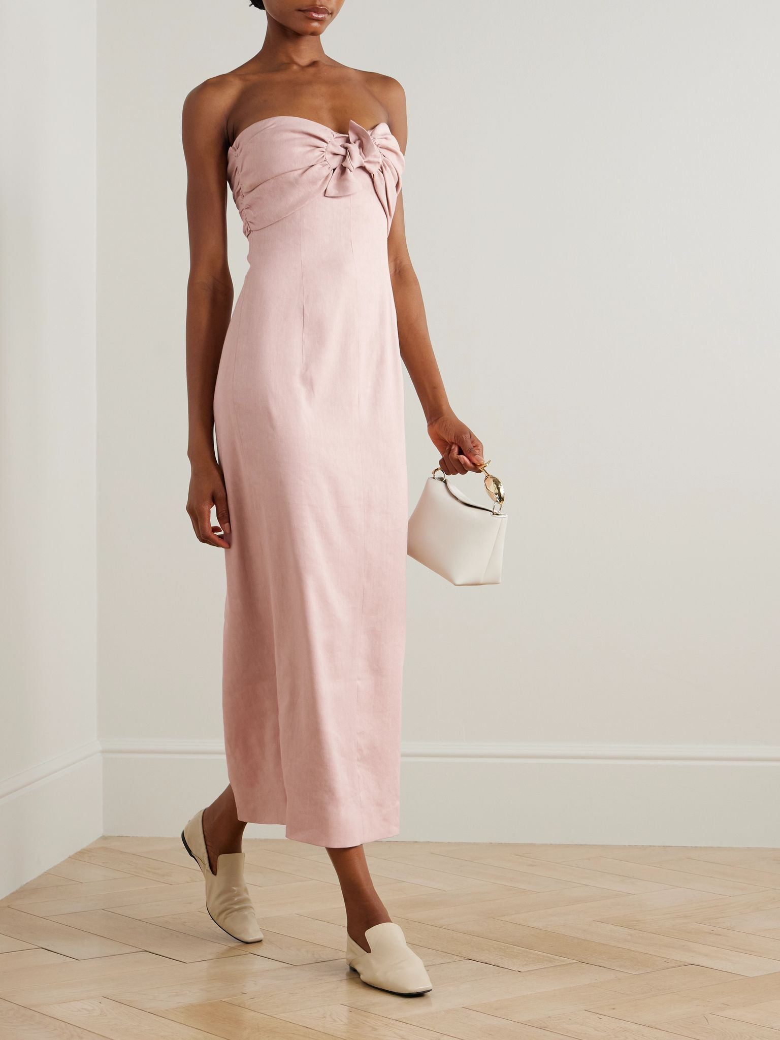 Rahel gathered tie-front linen-blend midi dress Baby pink - 2
