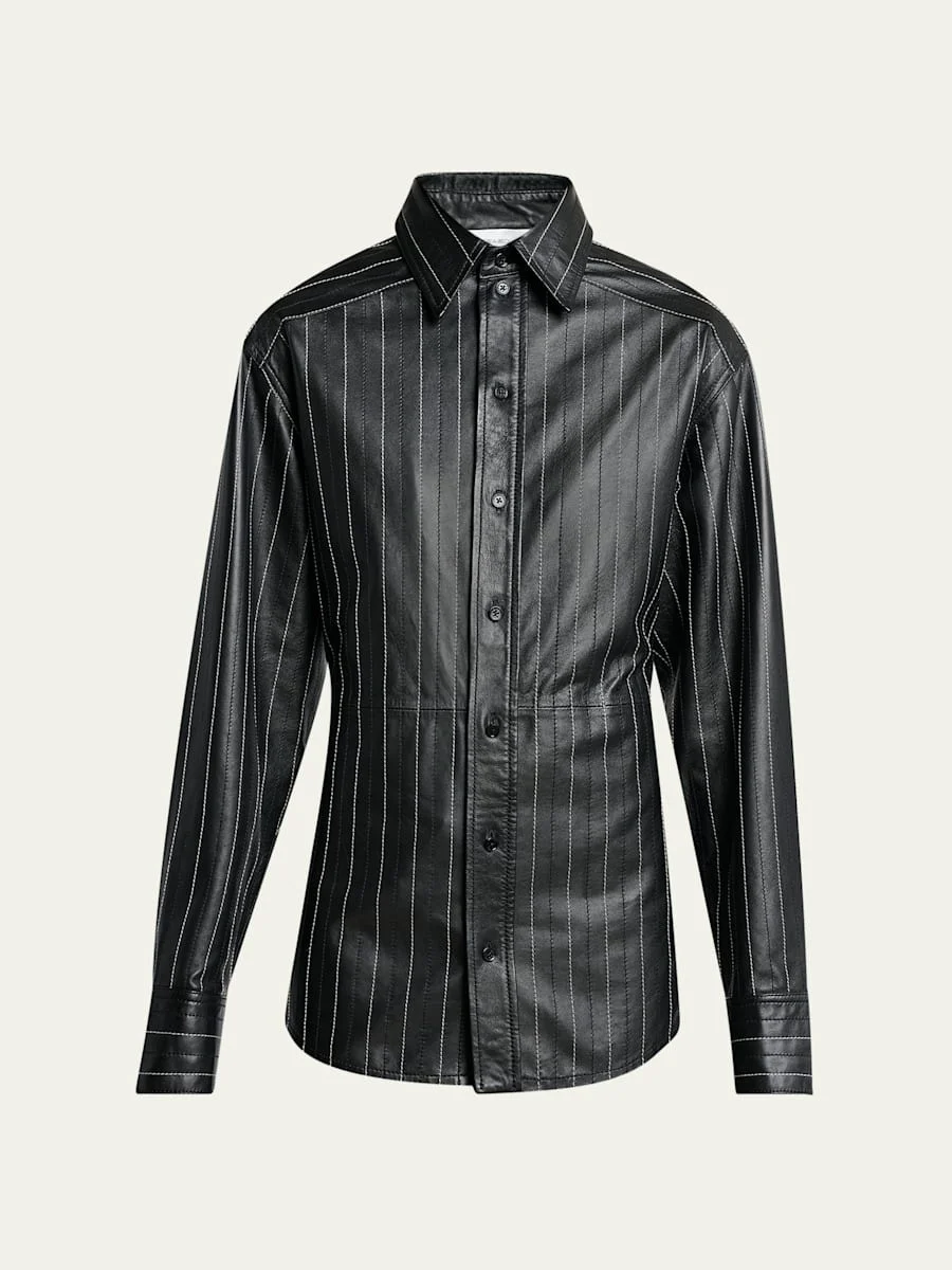 Pinstripe Leather Tab Detail Shirt - 1