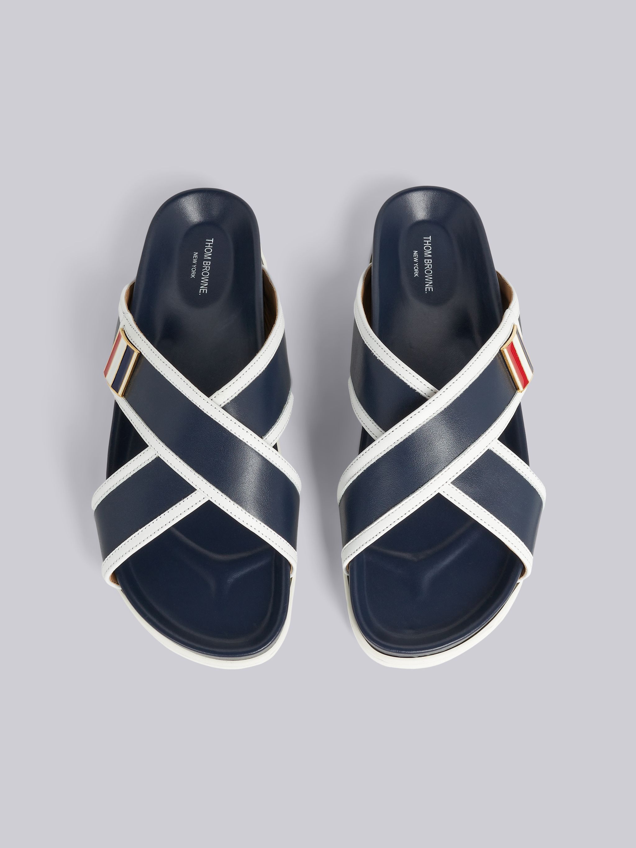 Navy Vitello Calf Leather Stripe Enamel Buckle Criss Cross Sandal - 4