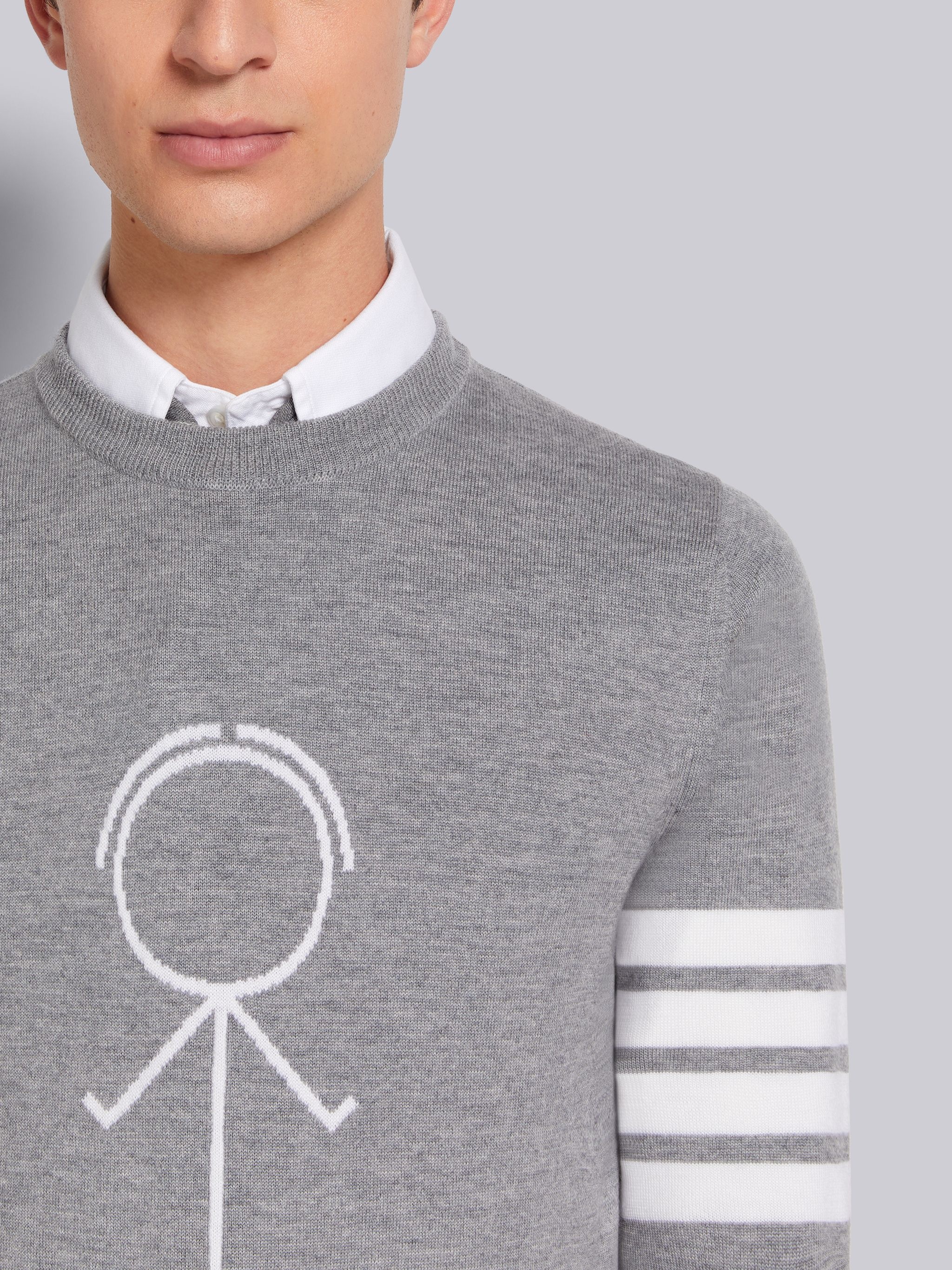 Light Grey Fine Merino Wool 4-Bar Mr. Thom Icon Intarsia Classic Crew Neck Pullover - 5