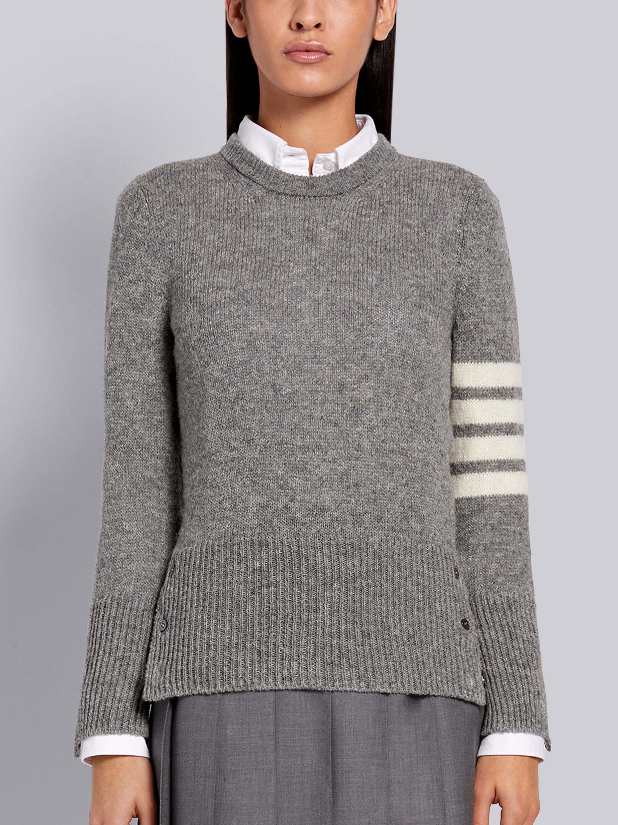 Light Grey Shetland Wool Jersey Classic Crewneck 4-Bar Pullover - 1