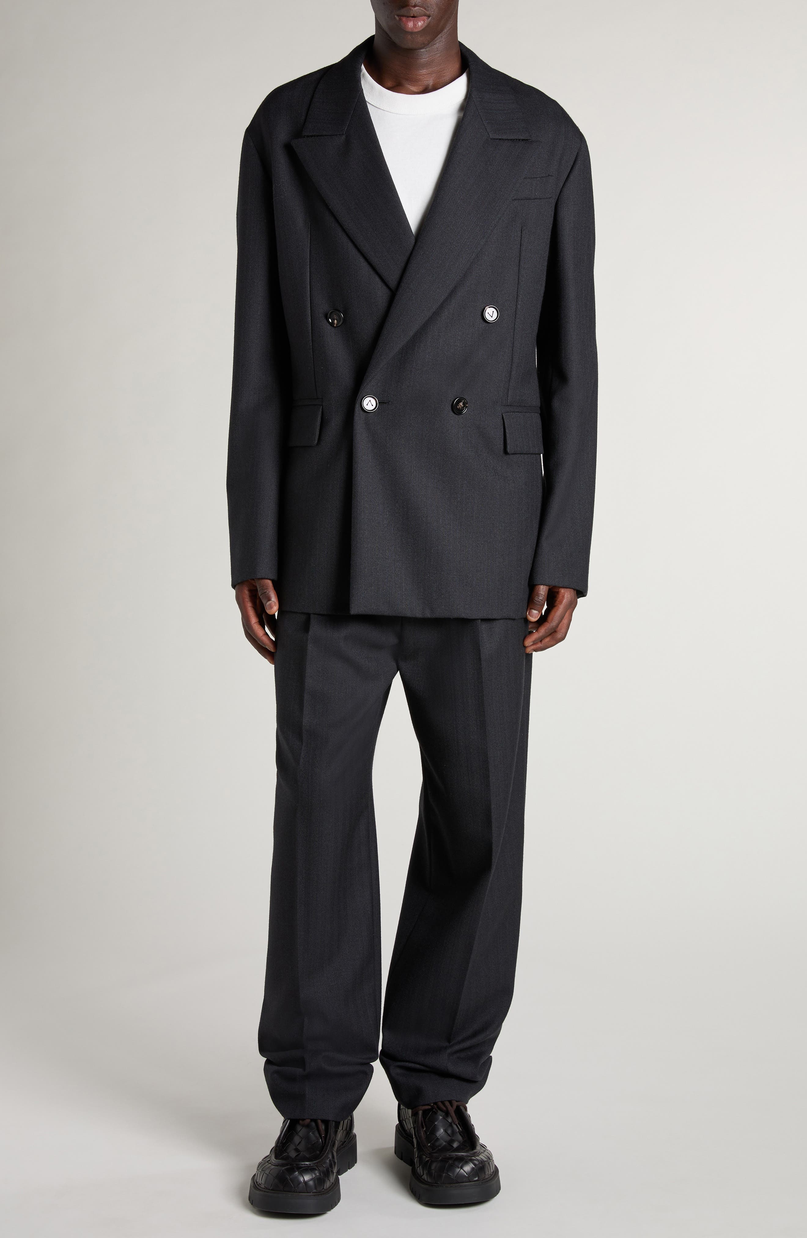 Bottega Veneta Double Breasted Subtle Stripe Wool Blazer in 1292 Black/Dark Blue at Nordstrom - 2