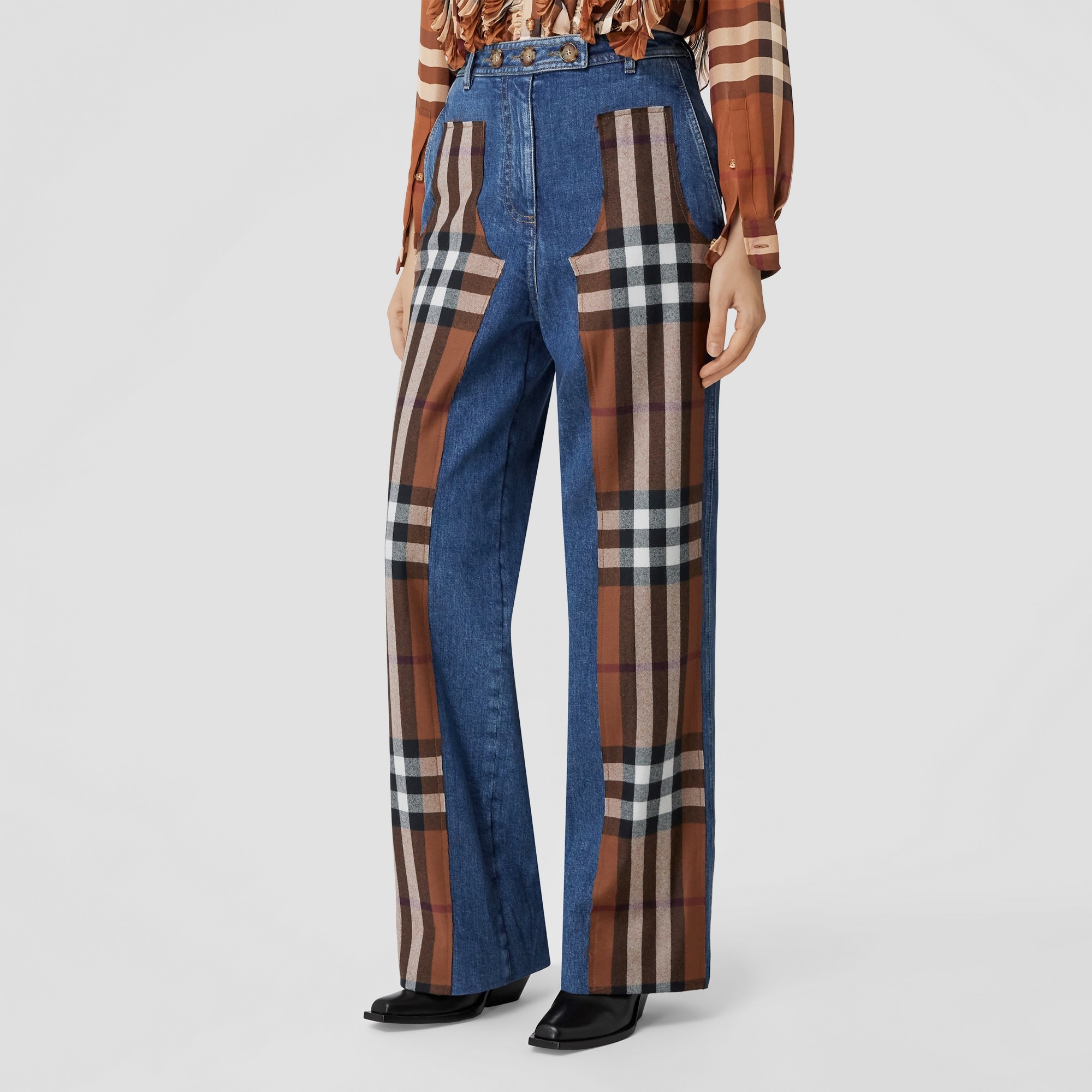 Check Wool Panel Stonewashed Denim Jeans - 6