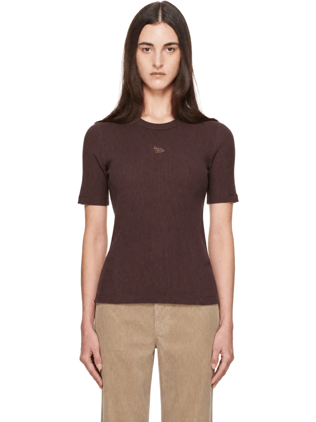 Brown Ribbed Baby Fox Fitted T-shirt - 1