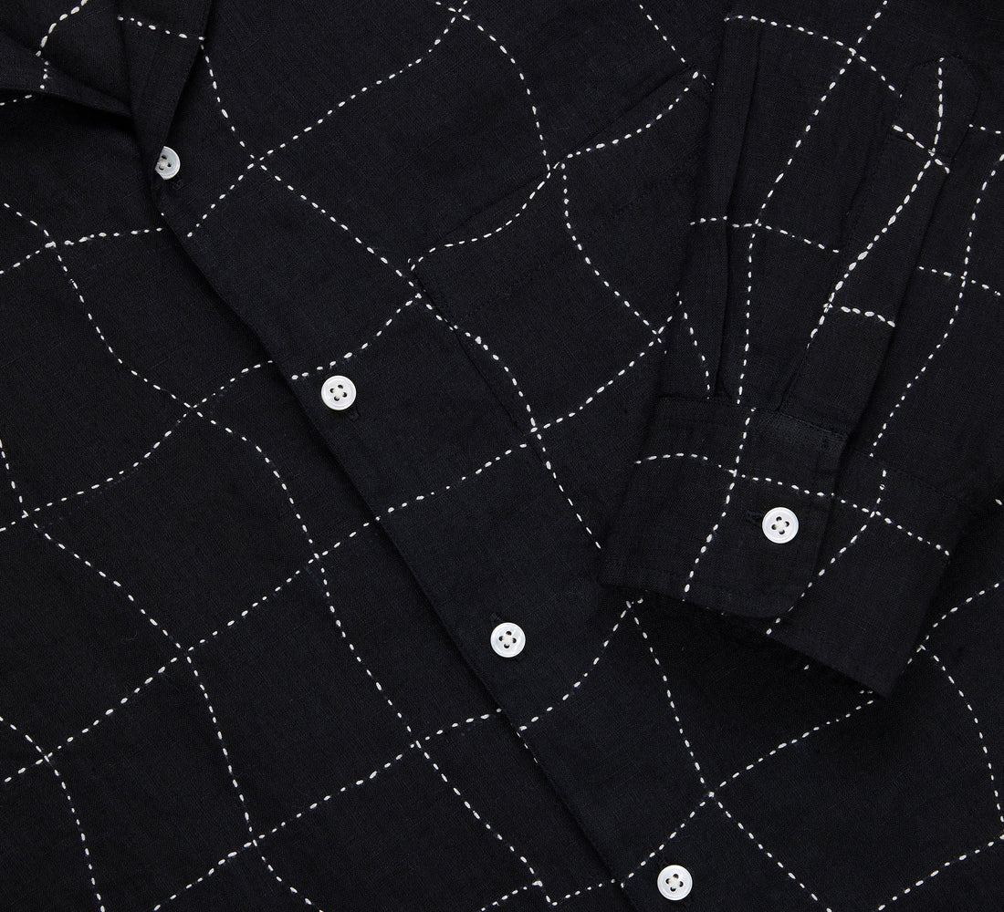 Loop Collar Shirt - Black Linen Drunk Chess - 4