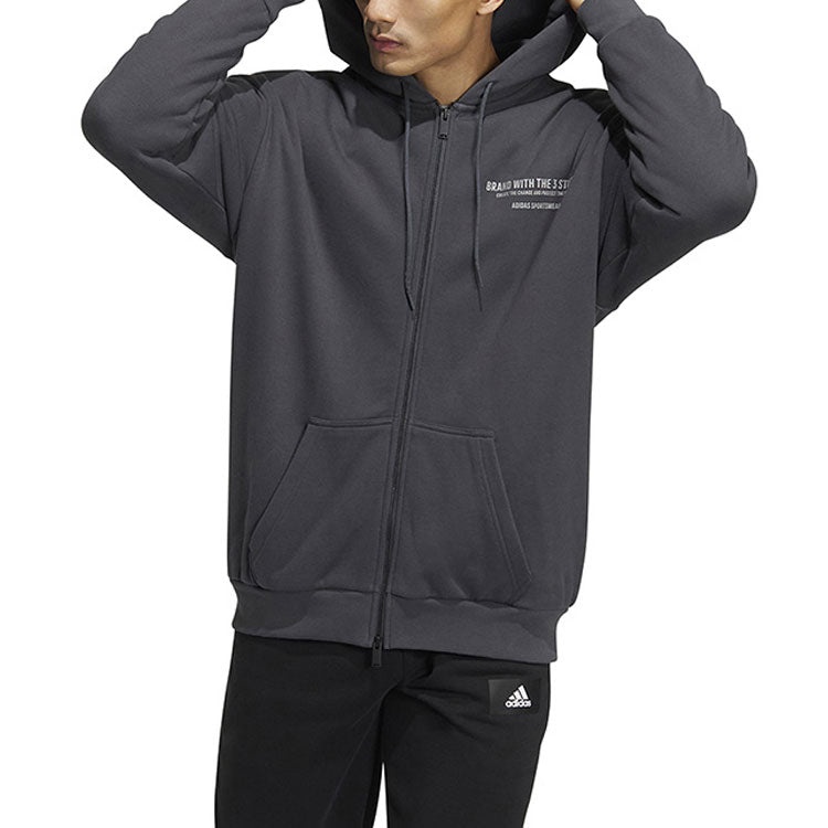 Men's adidas Alphabet Printing Pattern Drawstring Pullover Hooded Long Sleeves Jacket Gray HZ7028 - 2