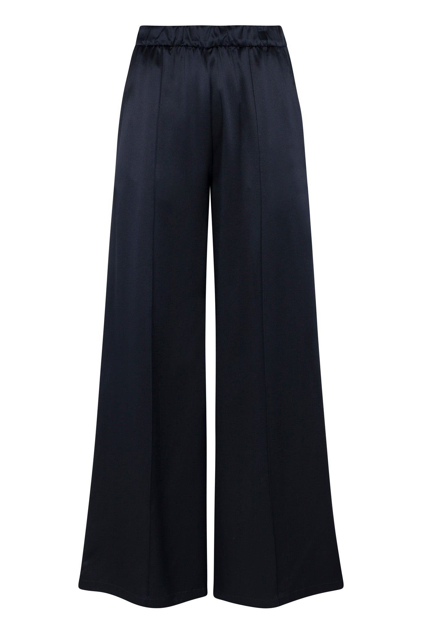 NAVY SILK WIDE LEG PINTUCK PANTS - 5