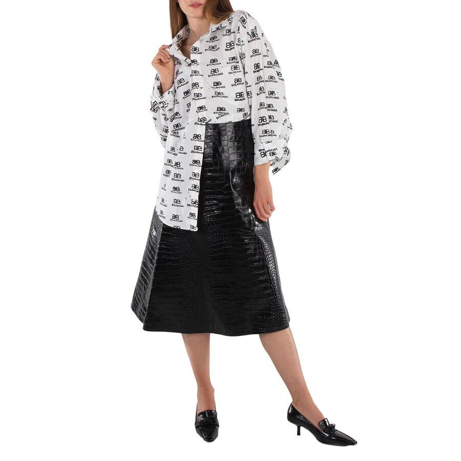 Balenciaga Ladies Black Crocodile-Effect A-Line Skirt - 6