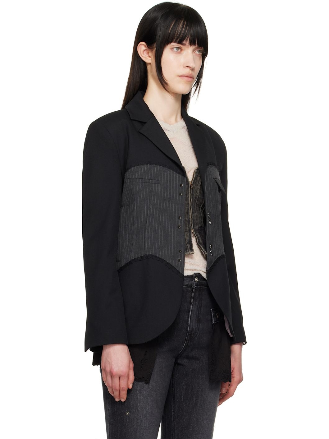 Black Corset Inserted Blazer - 2