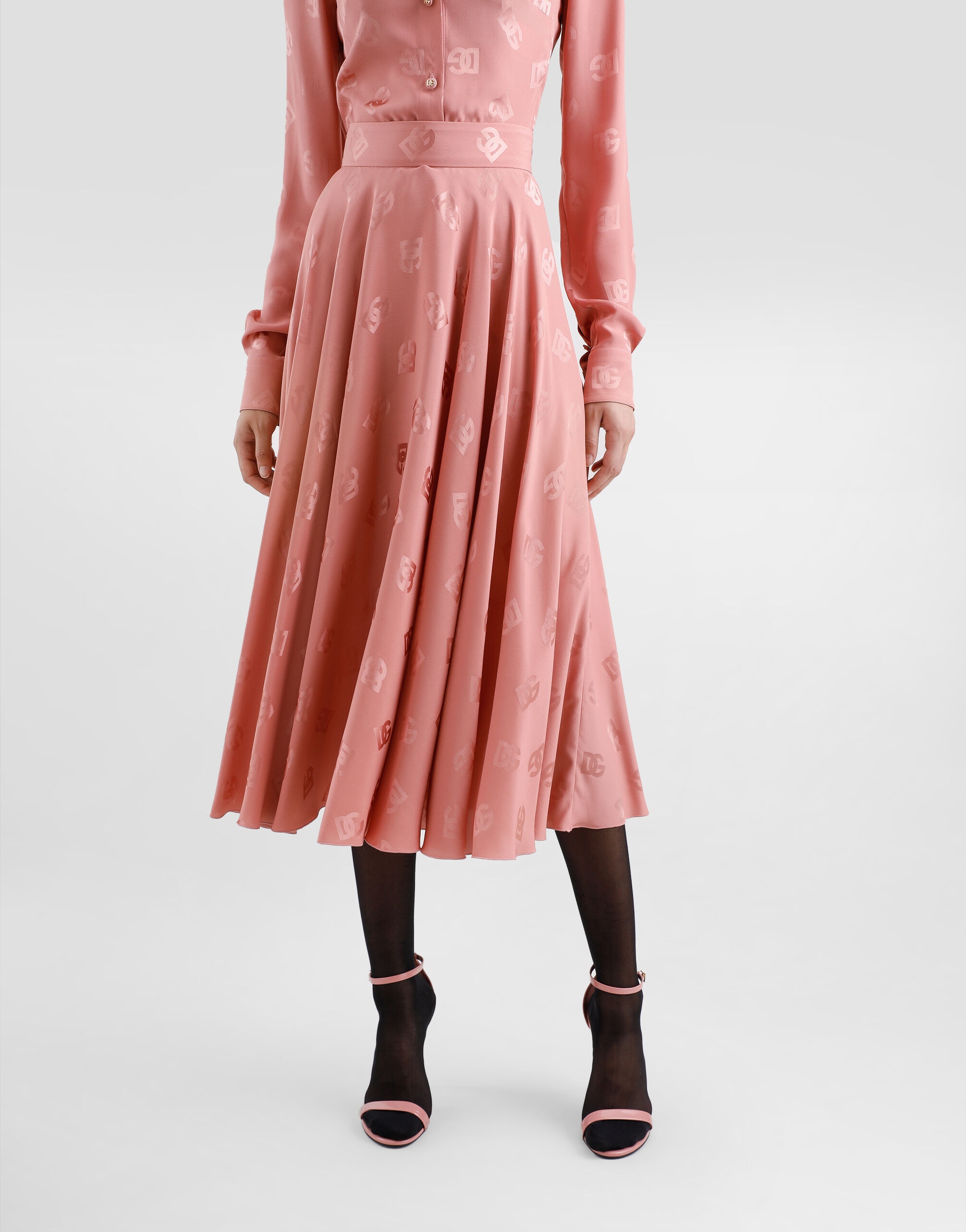 Silk jacquard calf-length circle skirt with DG logo - 5