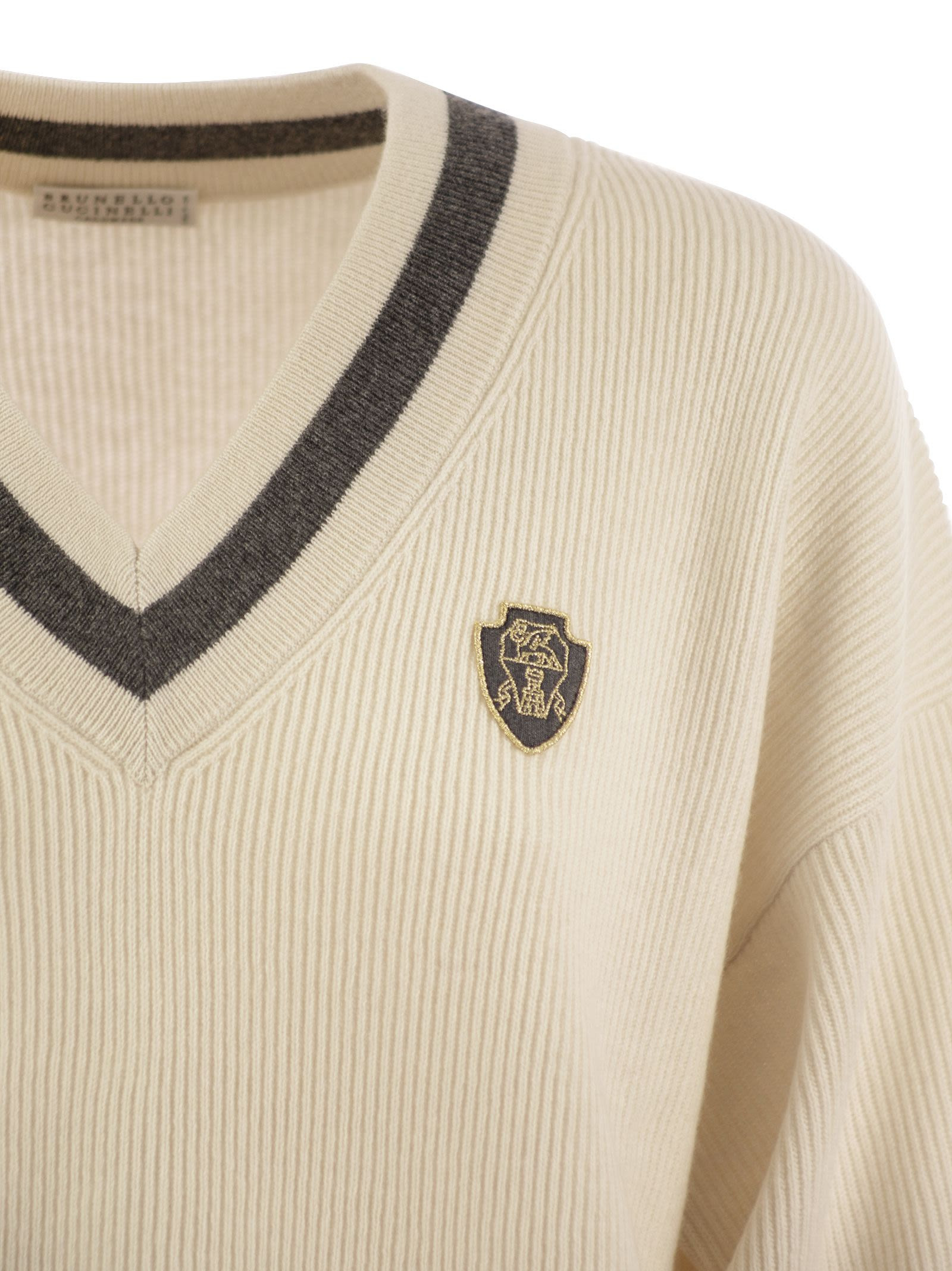 Brunello Cucinelli Women Ribbed Cashmere Sweater With Contrasting Stripe - 4
