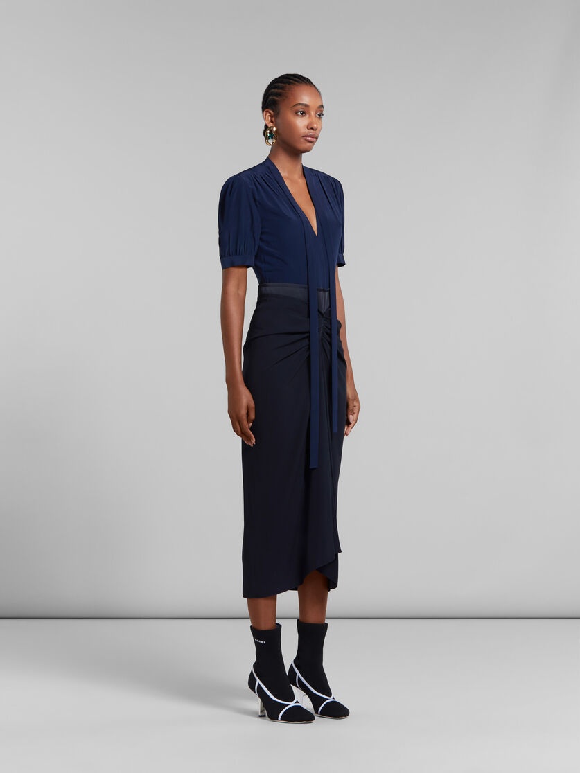 BLUE CRÊPE DE CHINE DRESS WITH DRAPING - 6