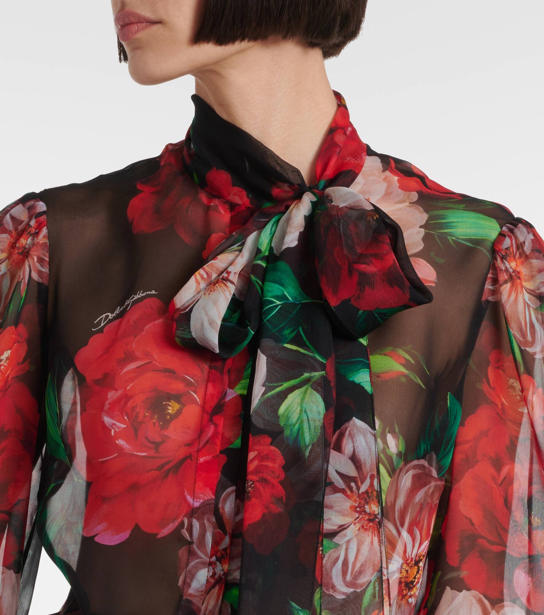 Floral tie-neck silk organza shirt - 4