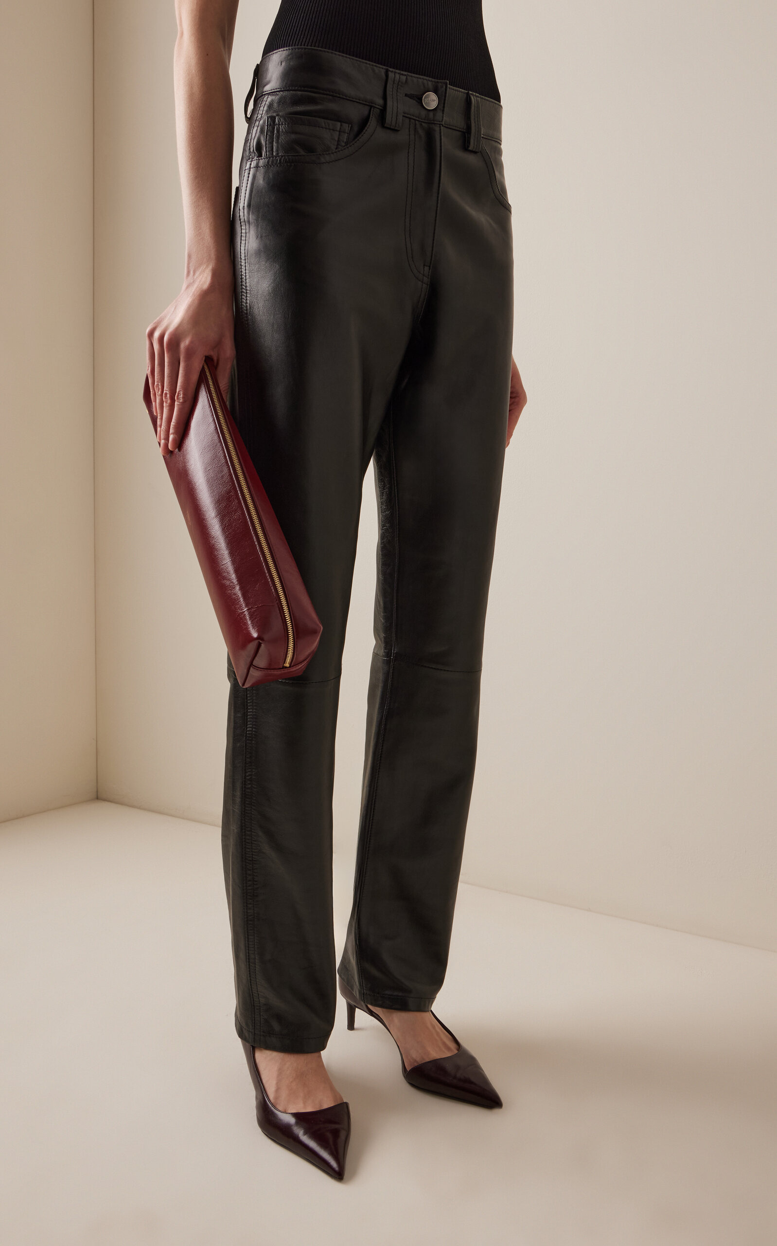 Callum Mid-Rise Leather Straight-Leg Pants black - 3
