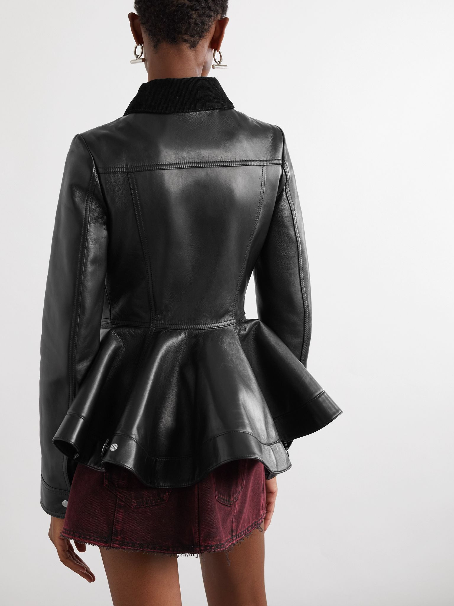 Corduroy-trimmed leather peplum jacket Black - 3