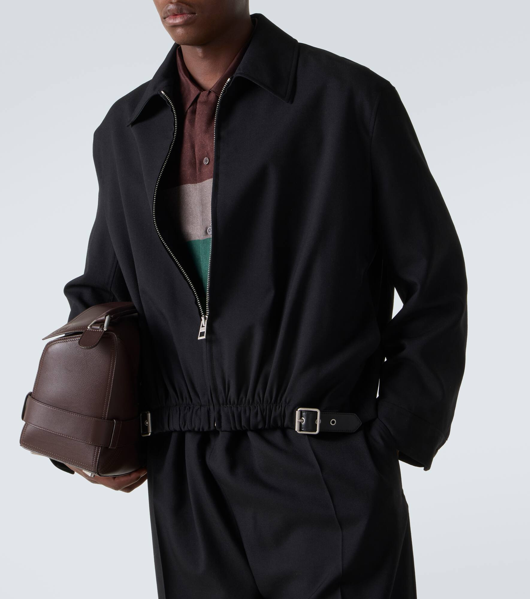 Belted leather-trimmed wool blouson - 5