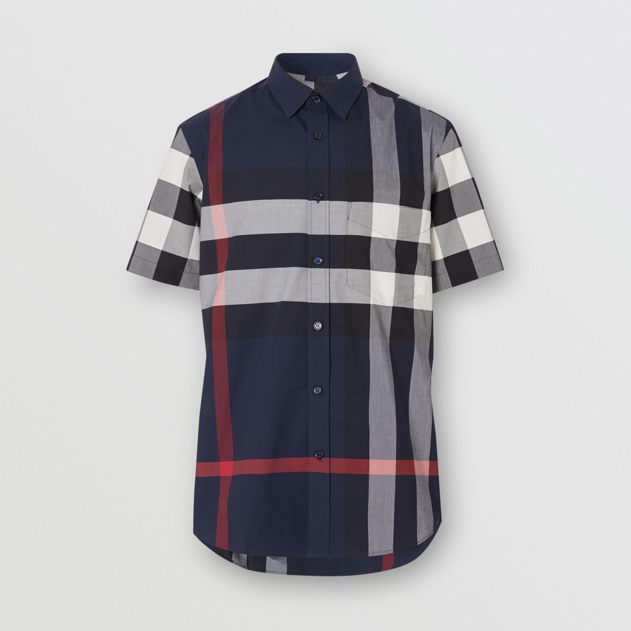 Short-sleeve Check Stretch Cotton Poplin Shirt - 1