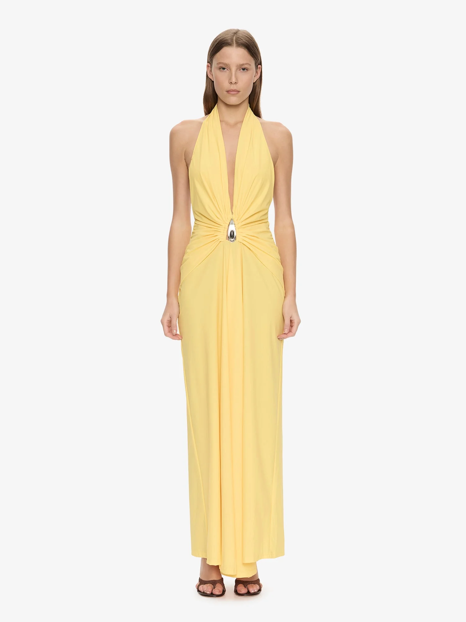 Crystal Pendant Ruched Lycra Halter Dress - 1