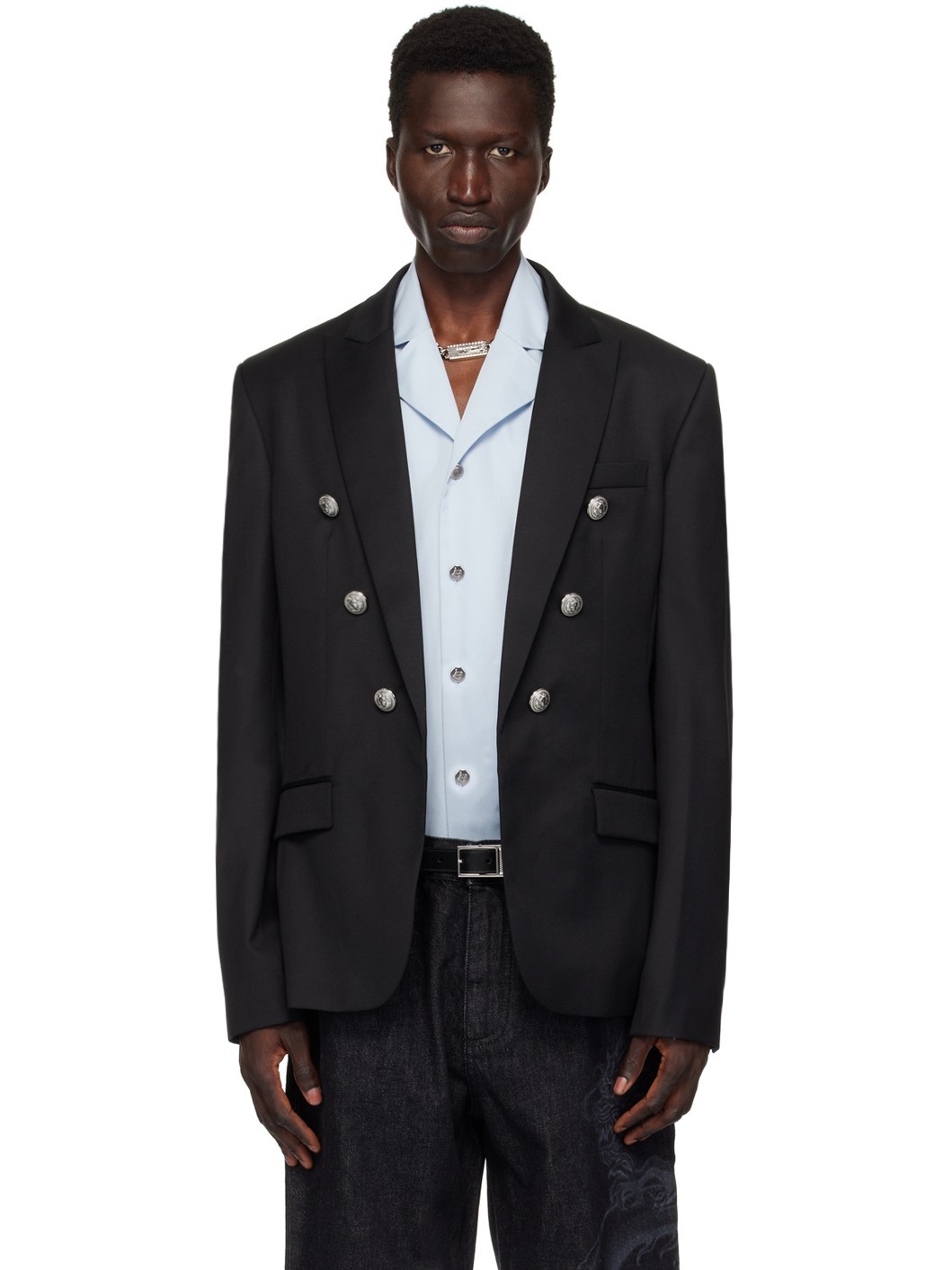 Black Peaked Lapel Blazer - 1