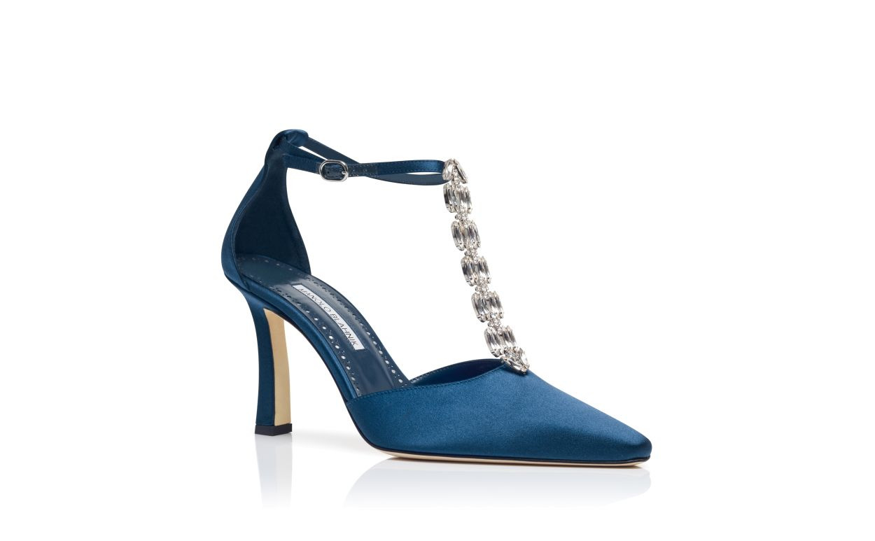 Navy Blue Satin Embellished Pumps - 3