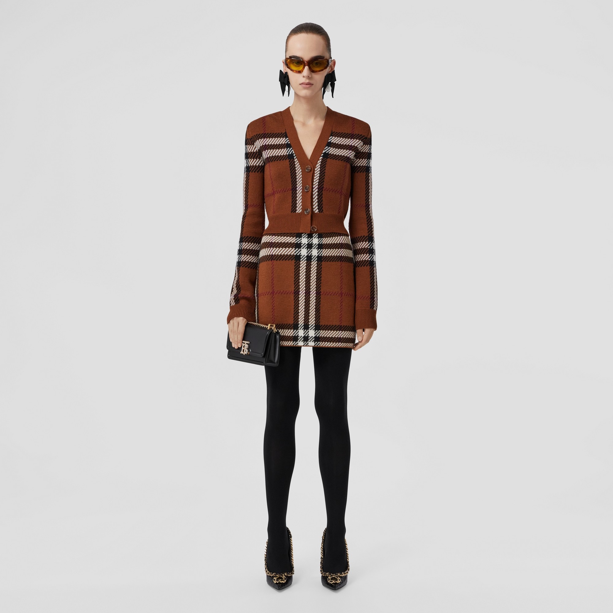 Check Wool Jacquard Cropped Cardigan - 6