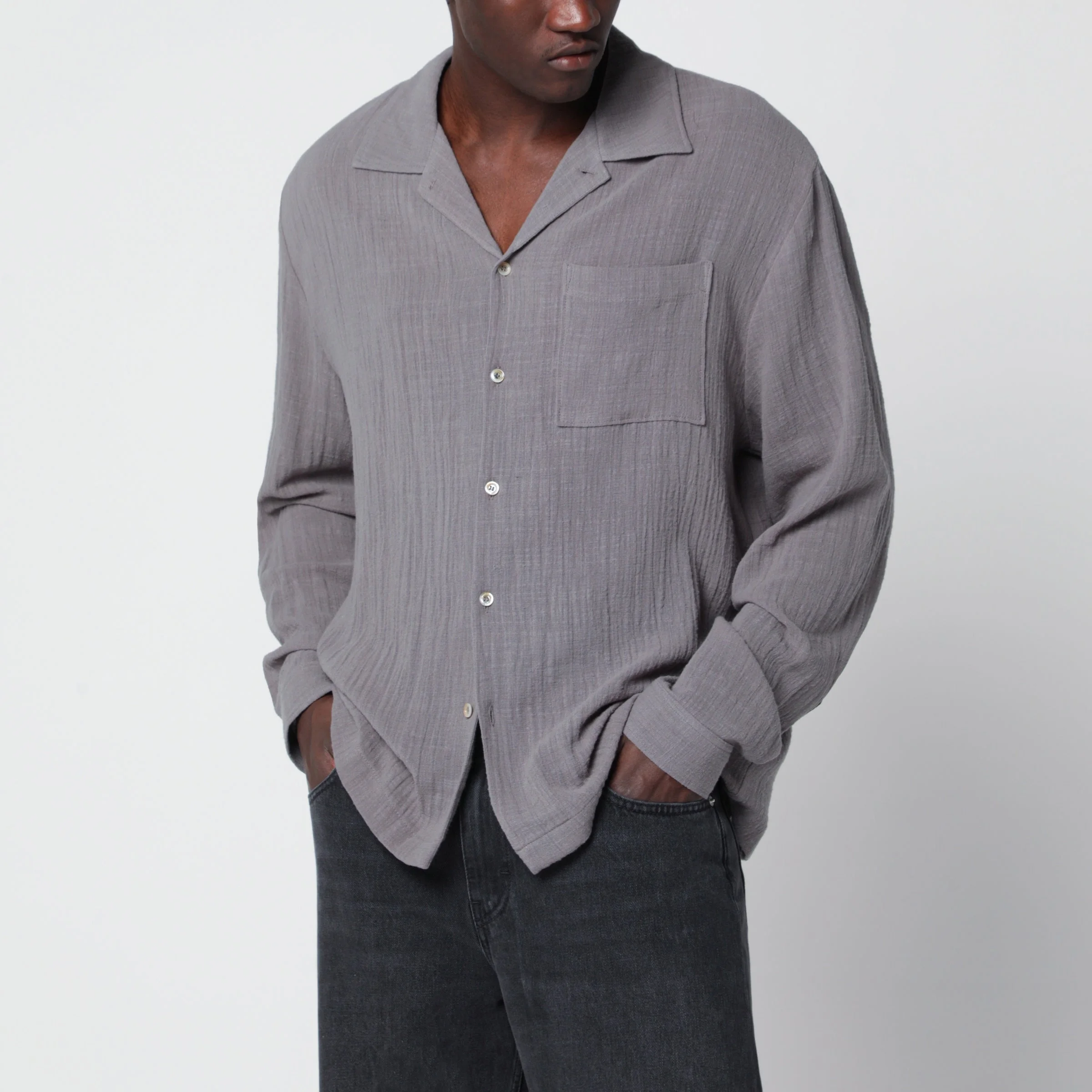 Grey crinkled-effect cotton shirt - 1