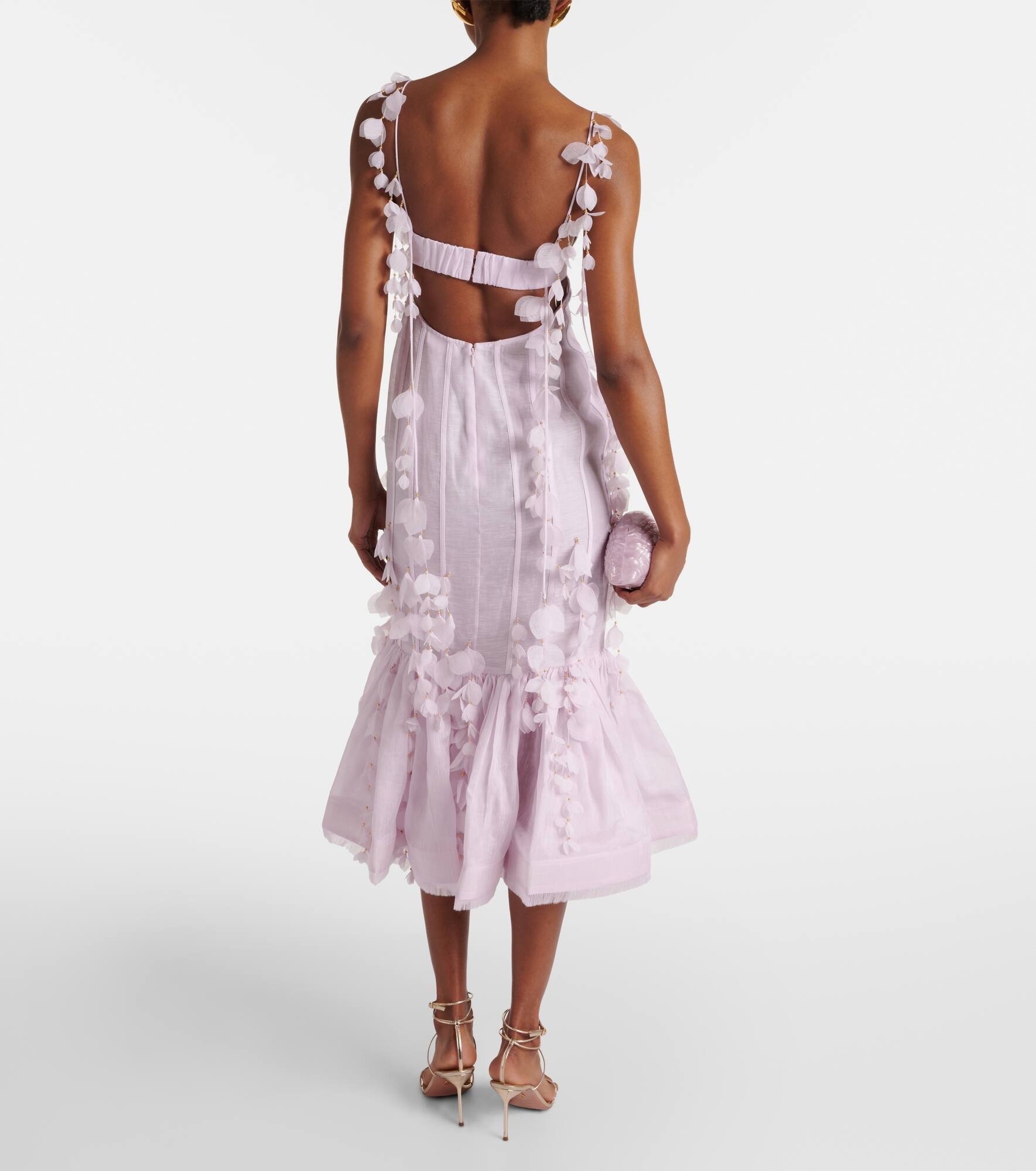 Floral-appliqué linen and silk bustier gown - 3
