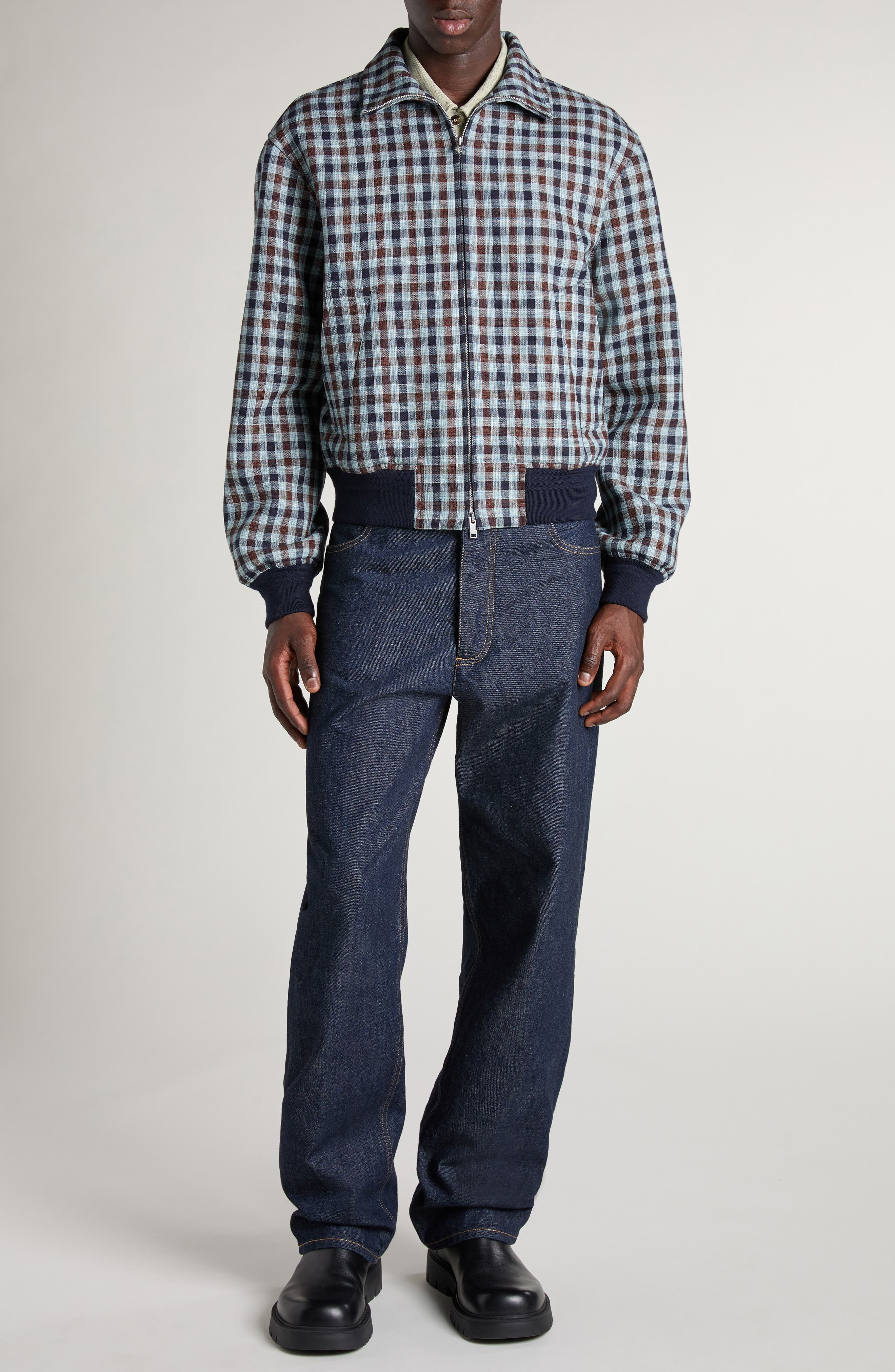 Bottega Veneta Gingham Check Blouson Jacket in Navy/Lake/Maroon at Nordstrom - 2