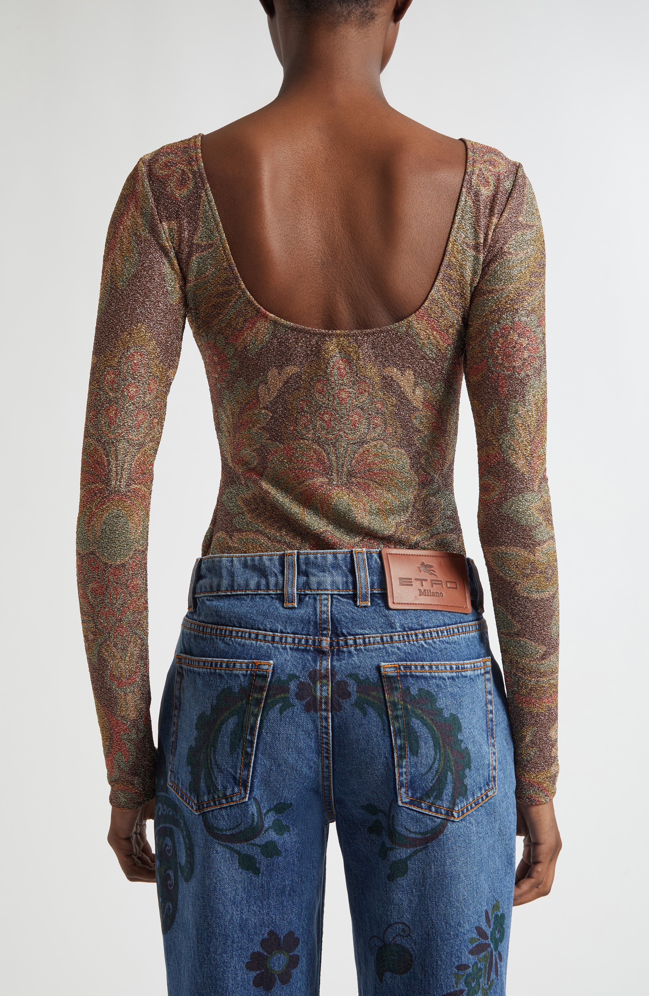 Etro Paisley Metallic Long Sleeve Top in Print On Black Base at Nordstrom - 3