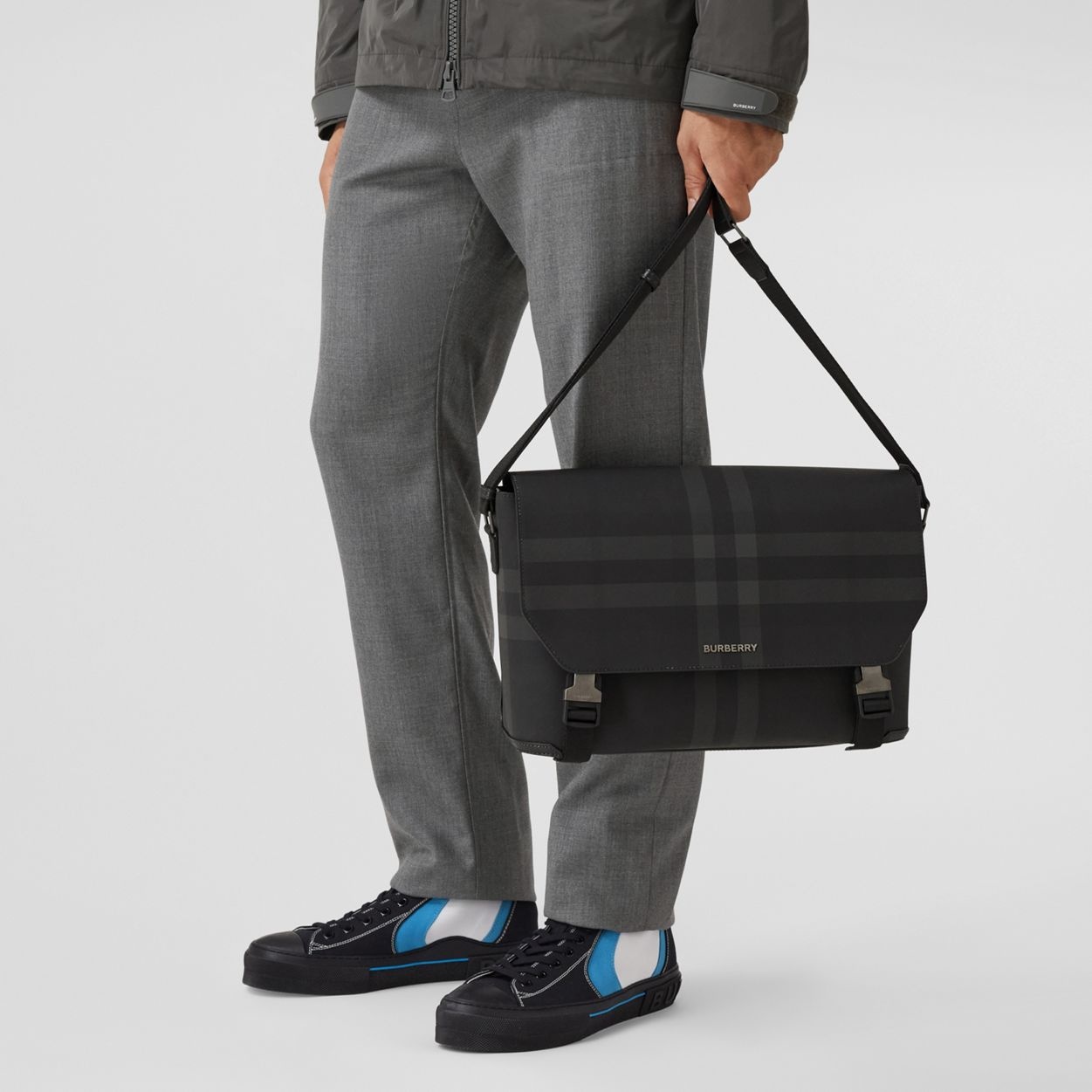 Charcoal Check and Leather Large Messenger Bag - 3