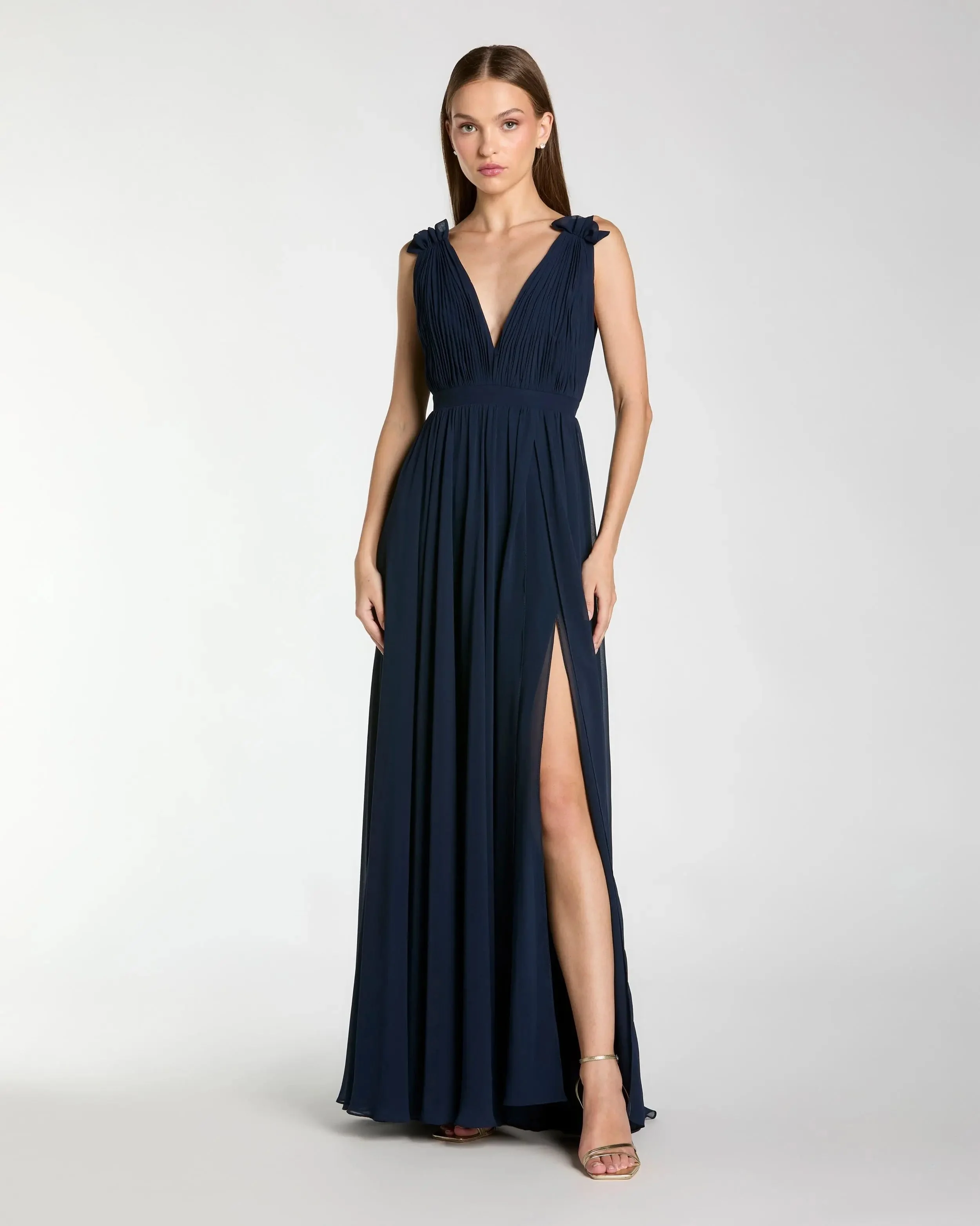 Navy Sleeveless Pleated Chiffon V-Neck Gown - 1