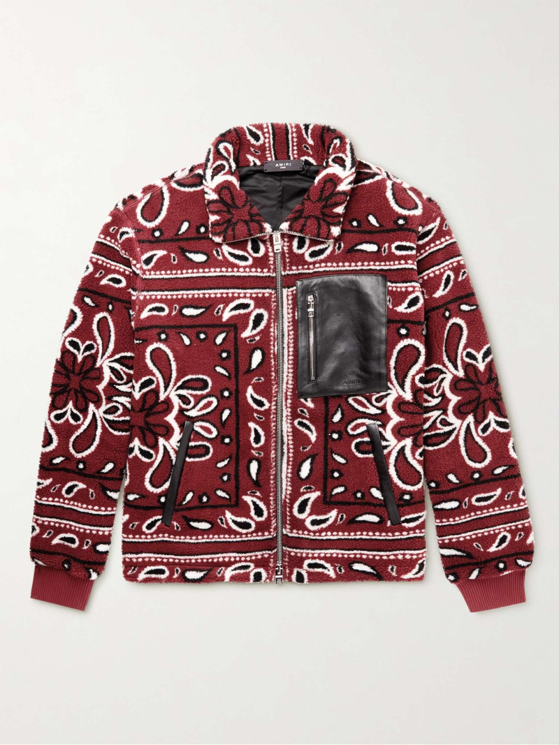 Leather-Trimmed Bandana-Print Fleece Jacket 1