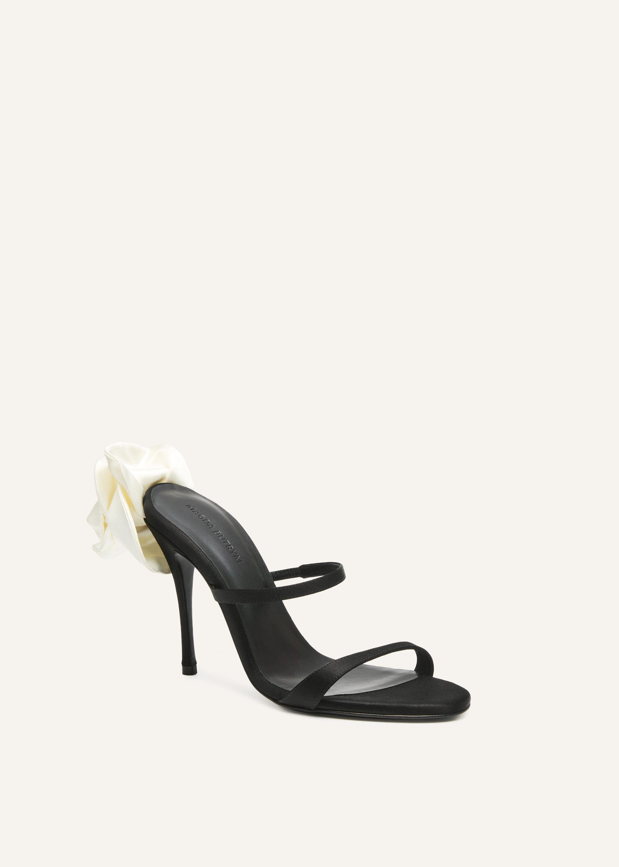 Flower heel leather sandals in black satin - 3
