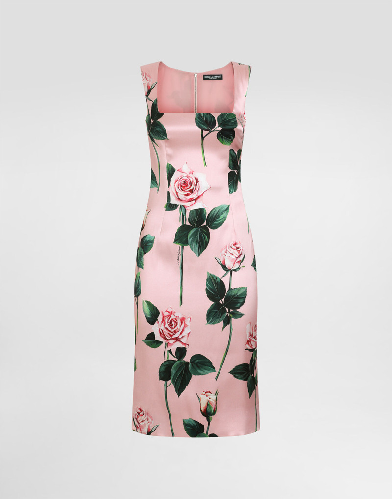 Satin calf-length sheath dress with rose print 1