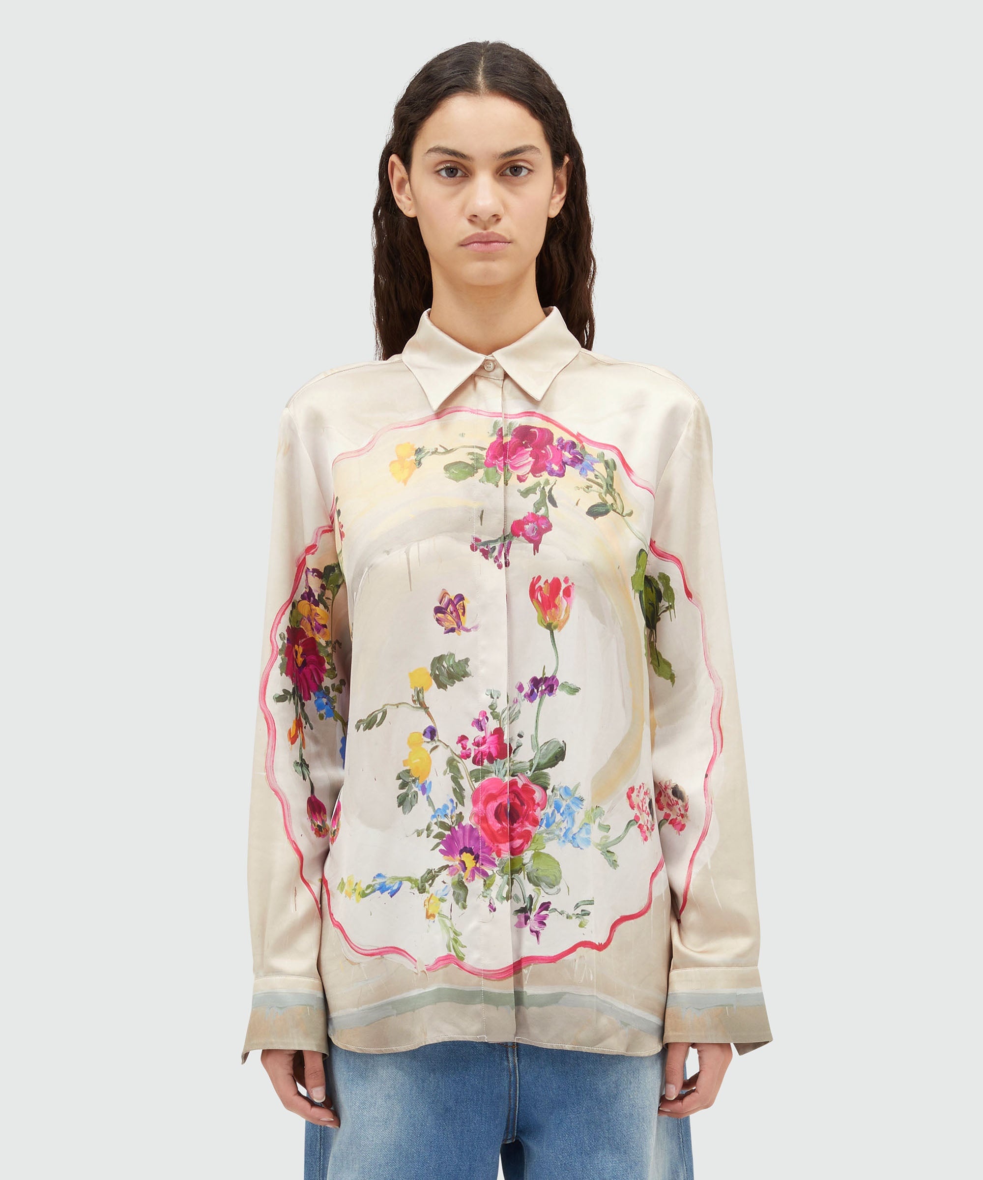 Fluid satin shirt with "Plates" print - 2