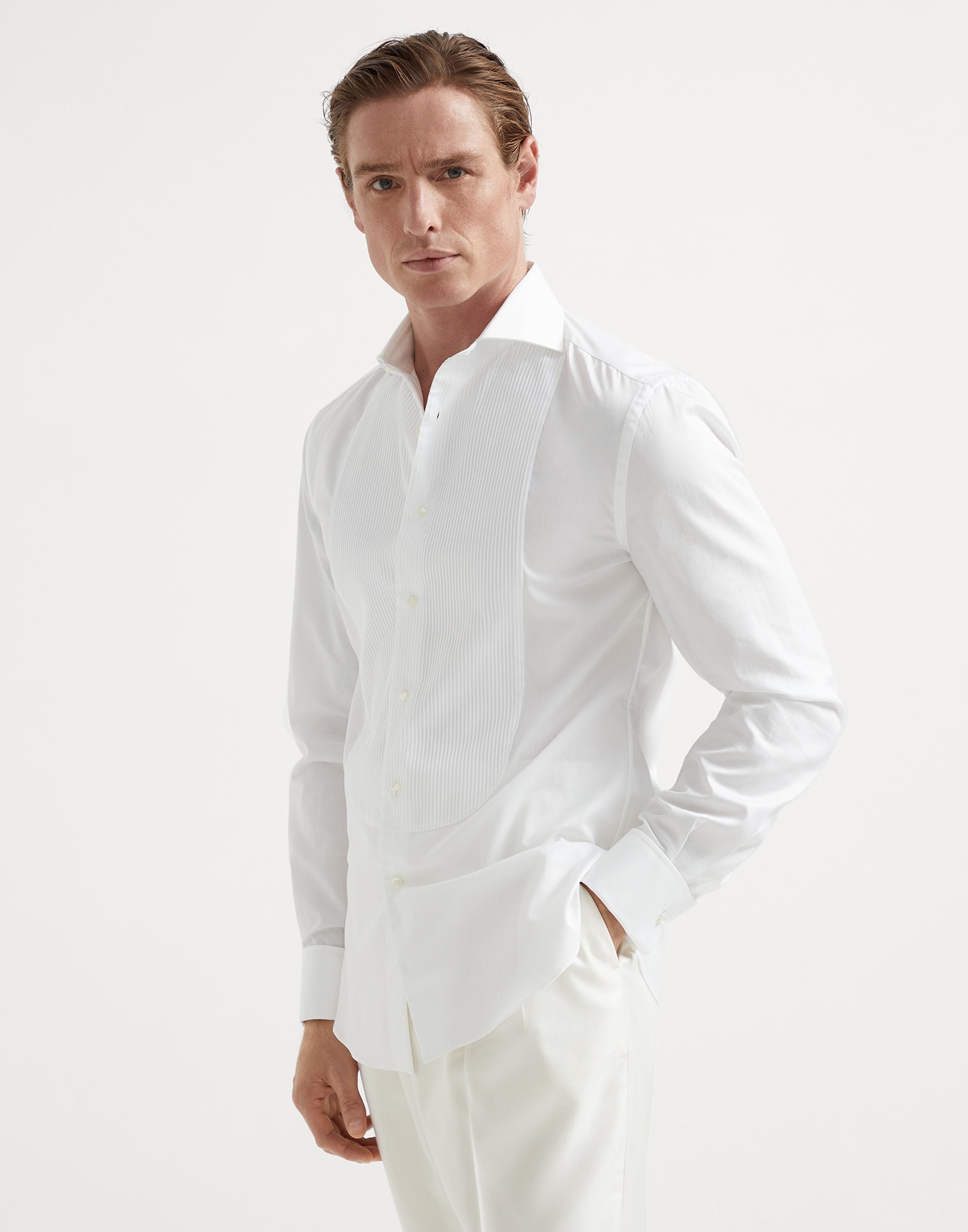 Sea Island cotton twill slim fit tuxedo shirt with pleated bib, spread collar and French cuffs - 1