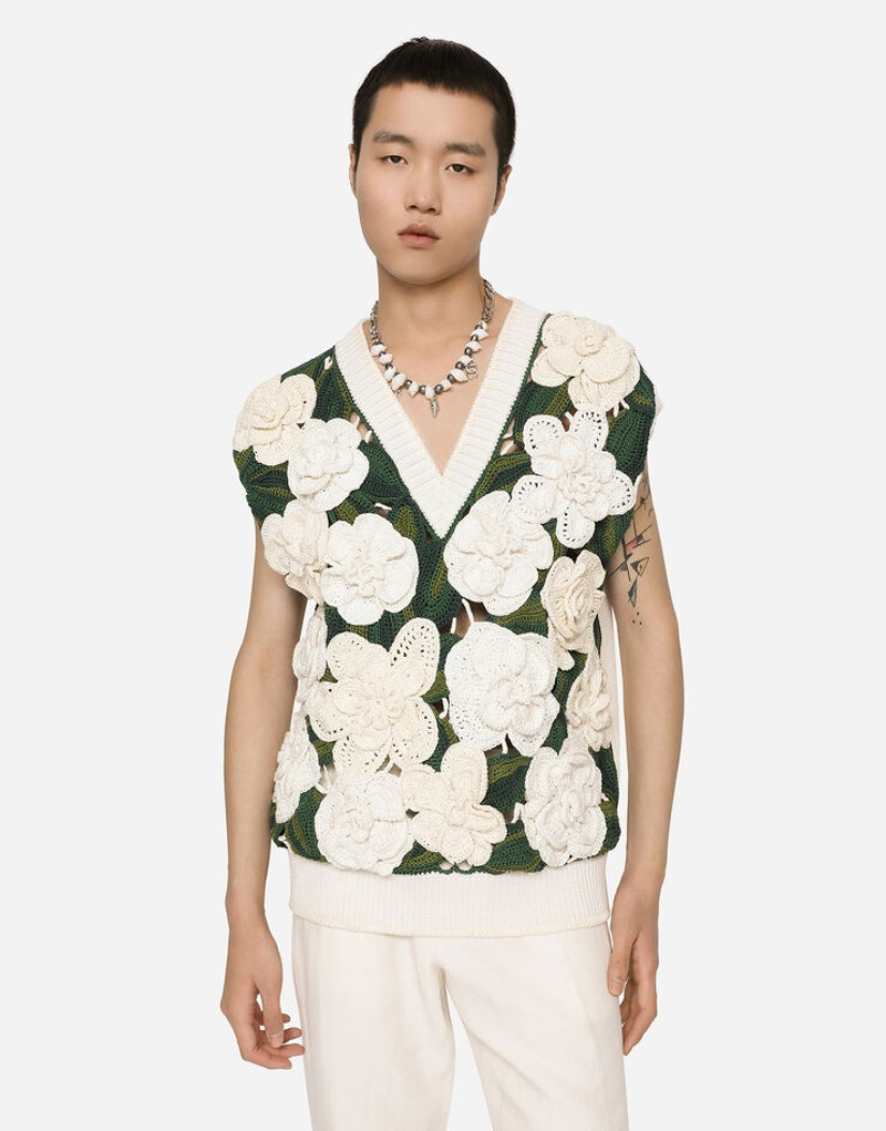Sleeveless cotton sweater with floral appliqués 1