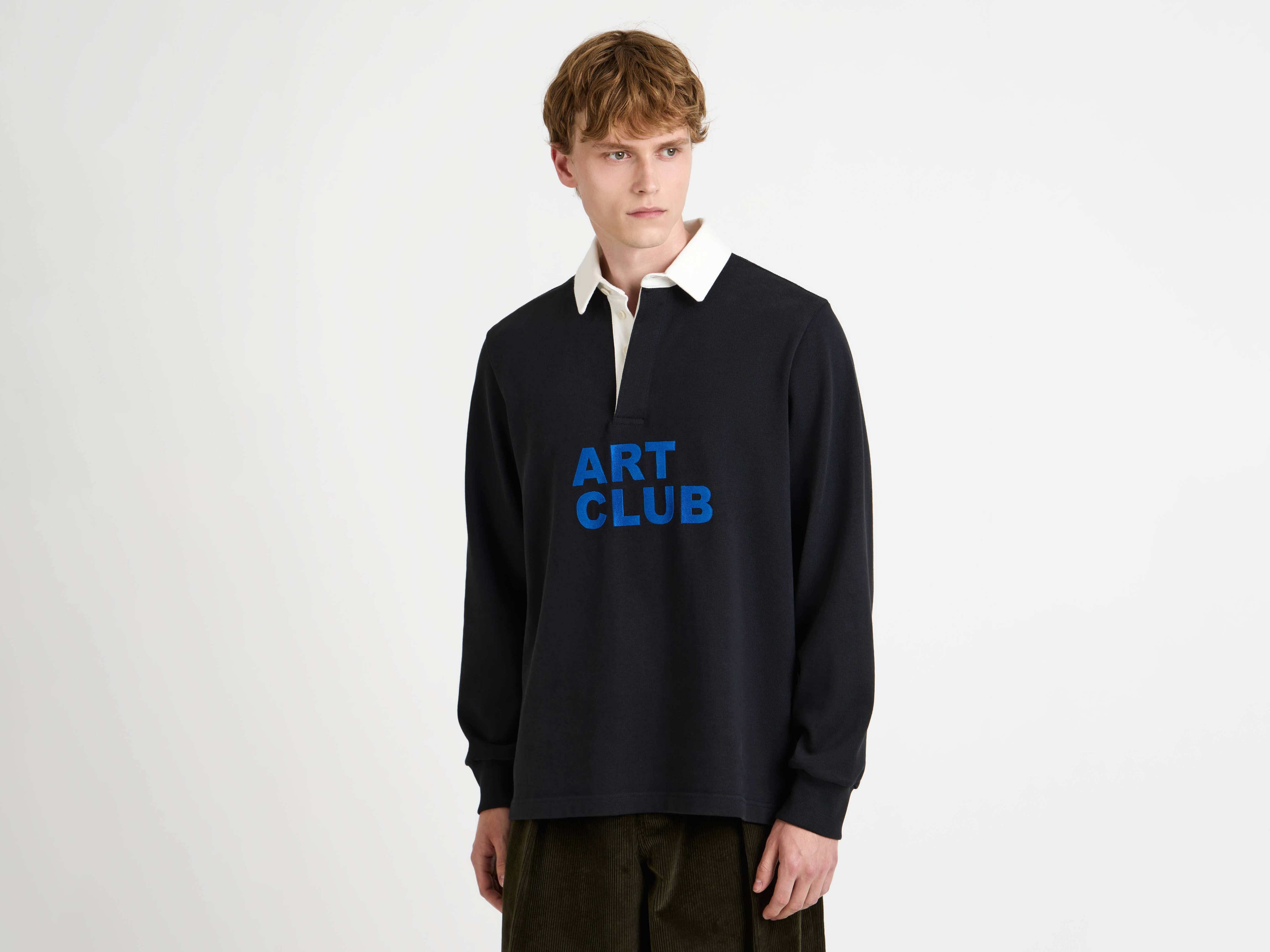 'ART CLUB' RUGBY POLO TOP IN WASHED BLACK - 6