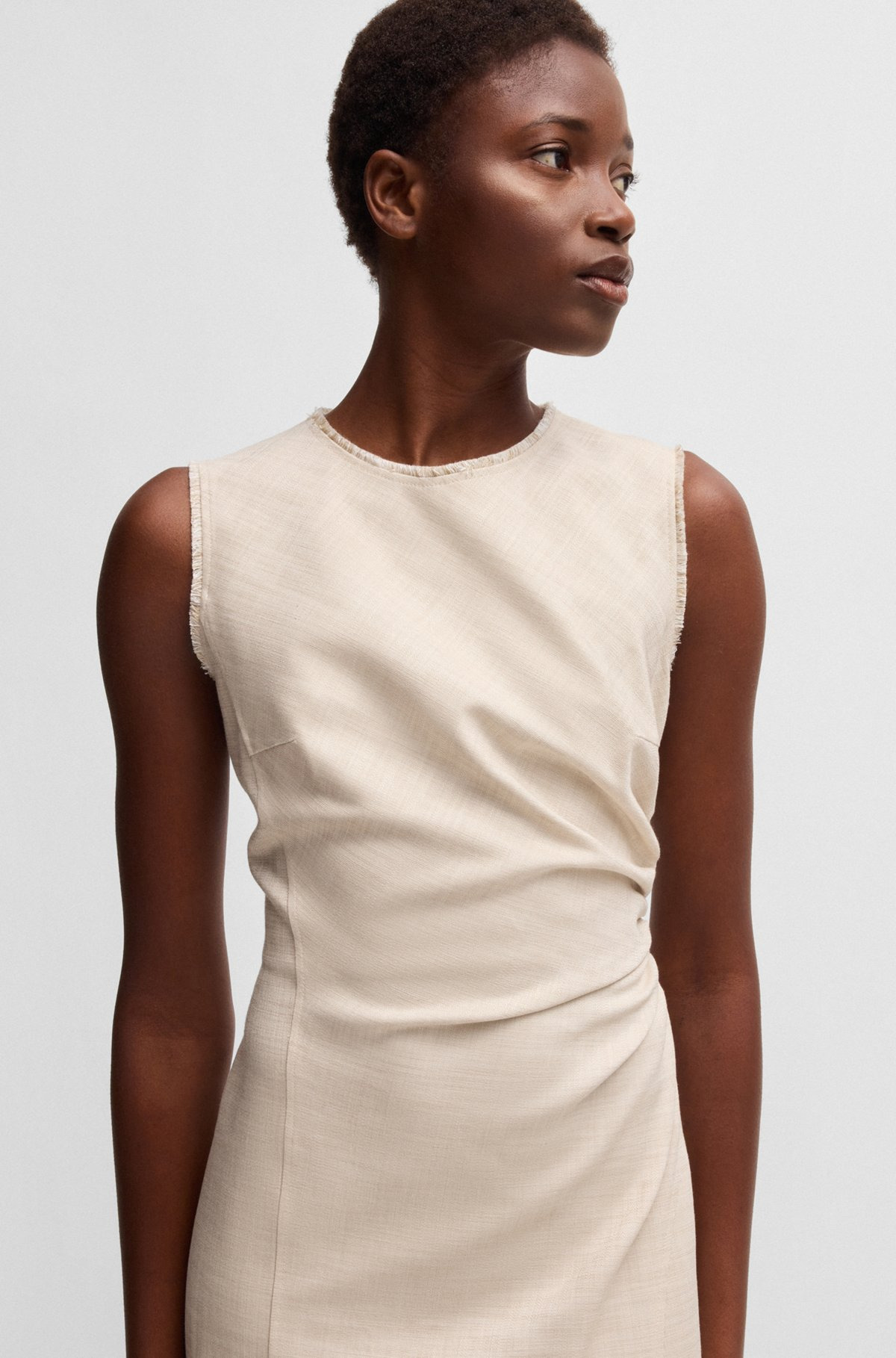 MELANGE DRESS WITH FRAYED AND GATHERED DETAILS - 5