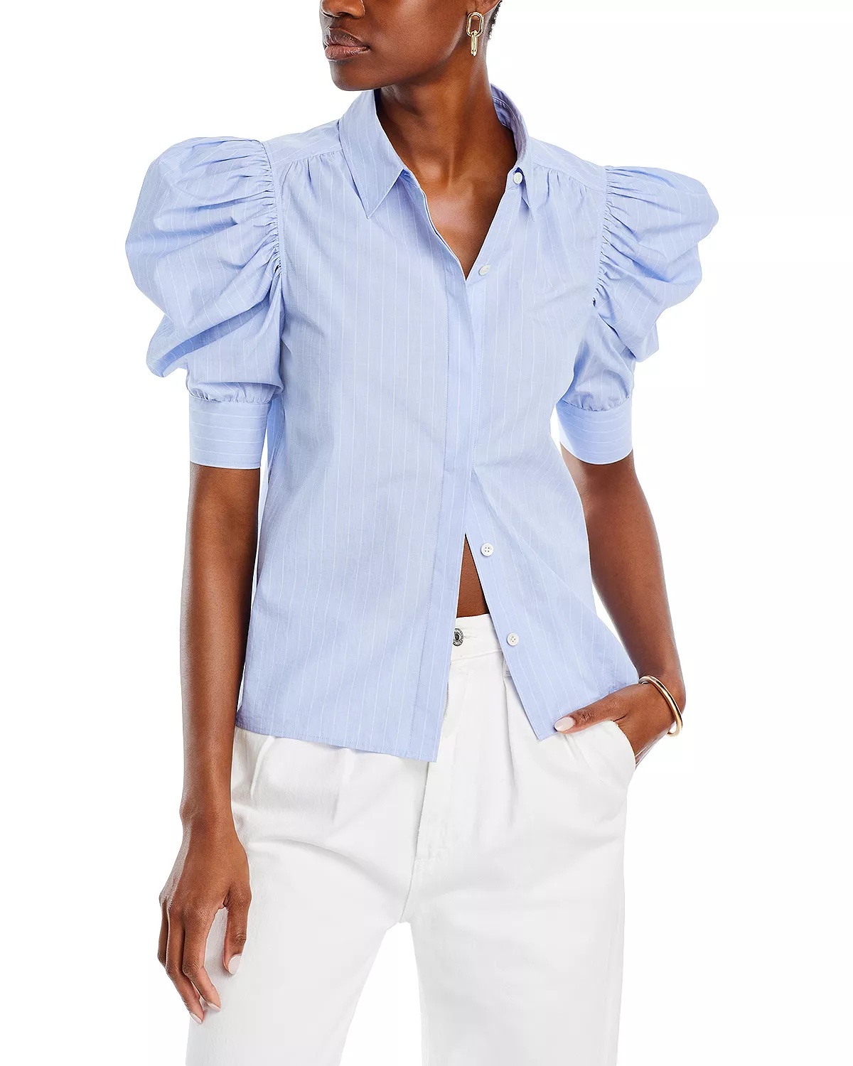 Striped Puff Sleeve Button Front Shirt - 1