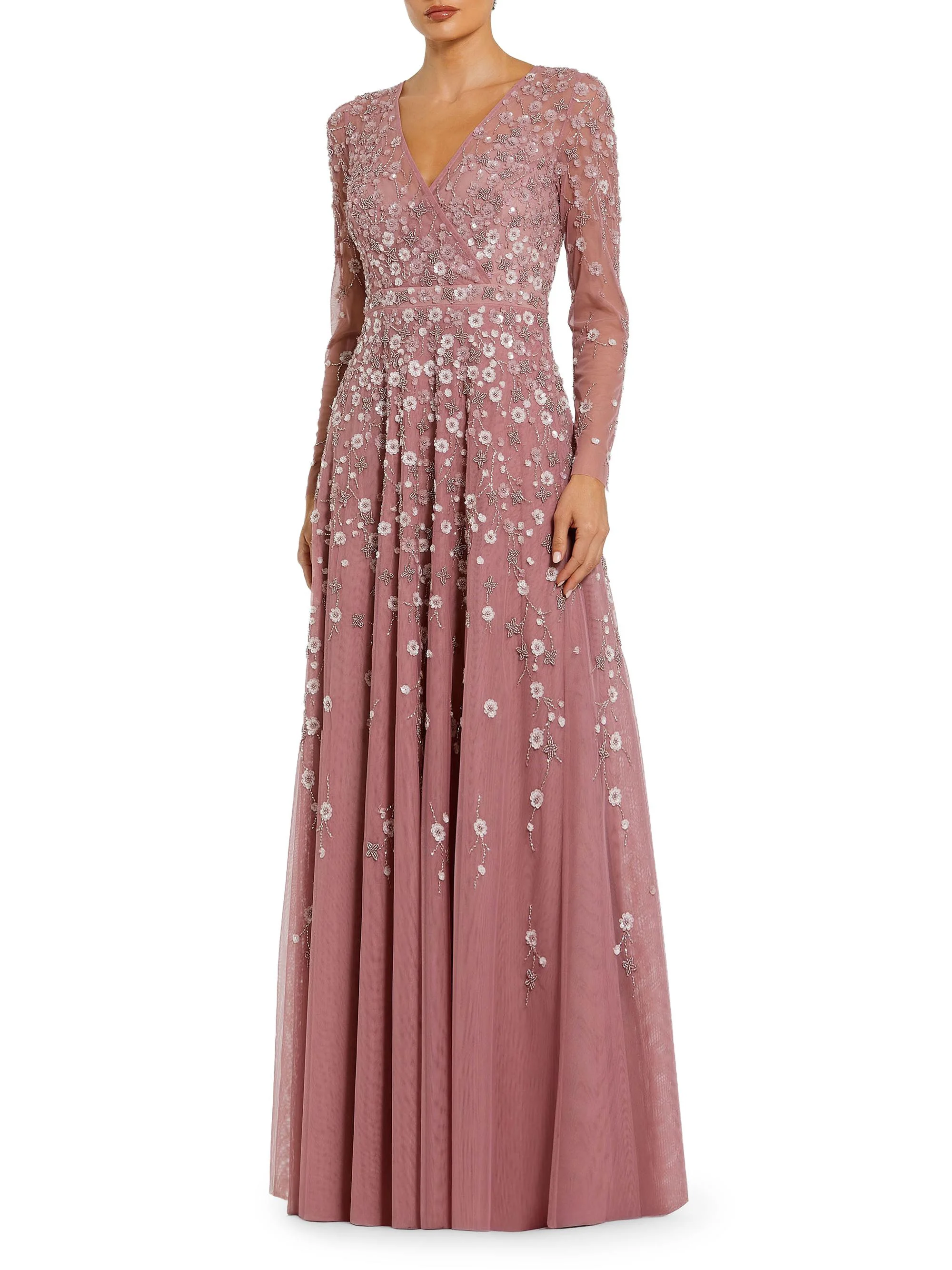Women's Sequin Embellished Long-Sleeve Gown - Berry - 1